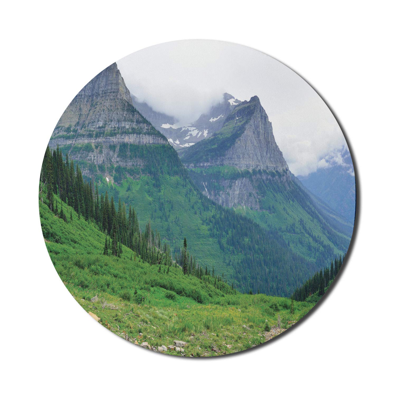 Ambesonne Glacier National Park Mouse Pad - Non-Slip Round Gaming Mousepad with Summer Mountain Landscape Design, 8 Inch Thick Rubber Base for Computer & Office Use - Perfect for Gaming, Work & Home Office Setup