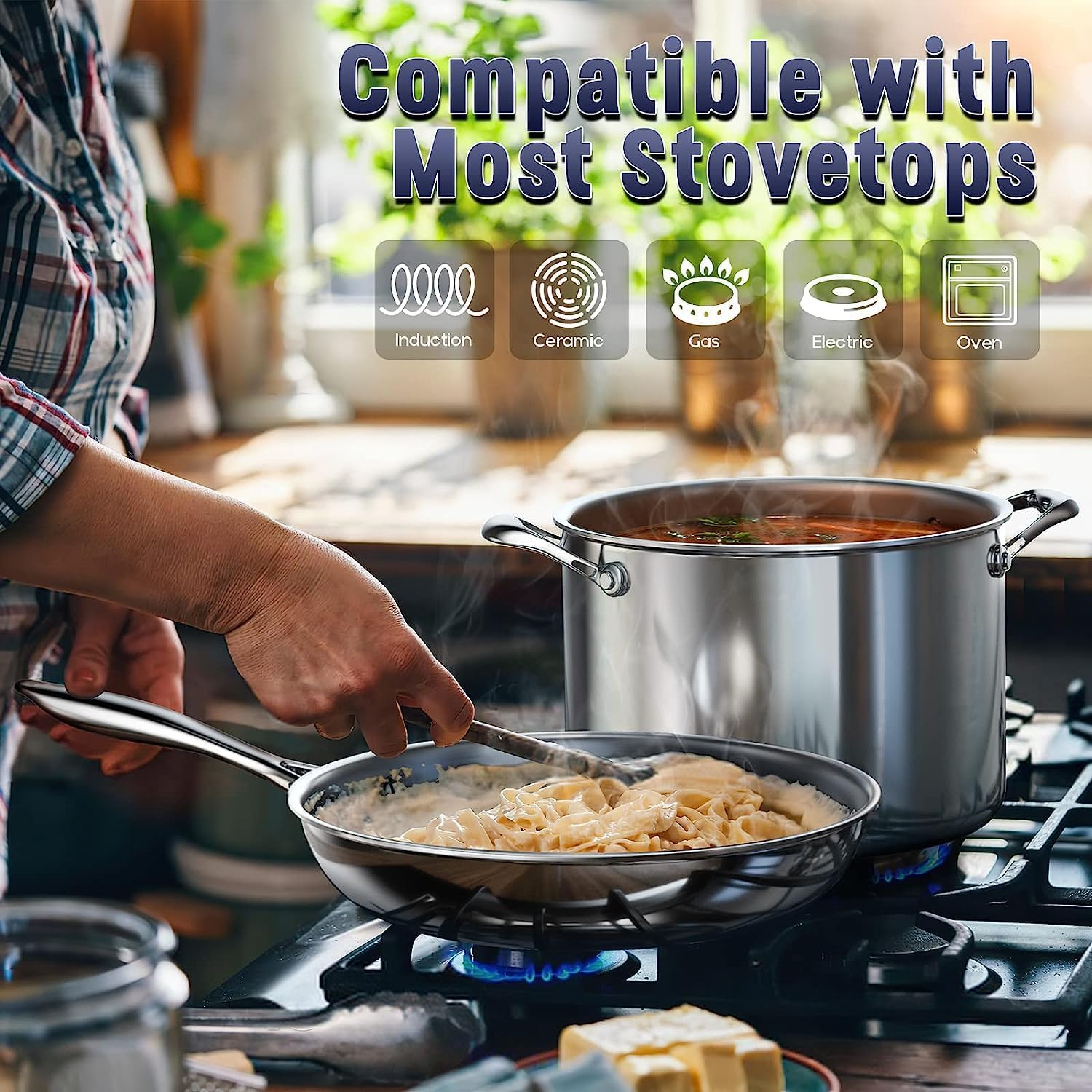 Premium 10-Piece Stainless Steel Cookware Set - Multi-Ply Clad Pots & Pans with Fry Pan | Dishwasher & Oven Safe up to 500°F | Ideal for Professional Chefs & Home Cooking | Perfect for Searing, Boiling & Sauteing