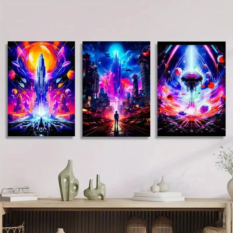 3-Piece Vibrant Space Planet & Future World Metal Wall Art Prints - Ready to Hang - Perfect for Living Room, Bedroom & Office Decor