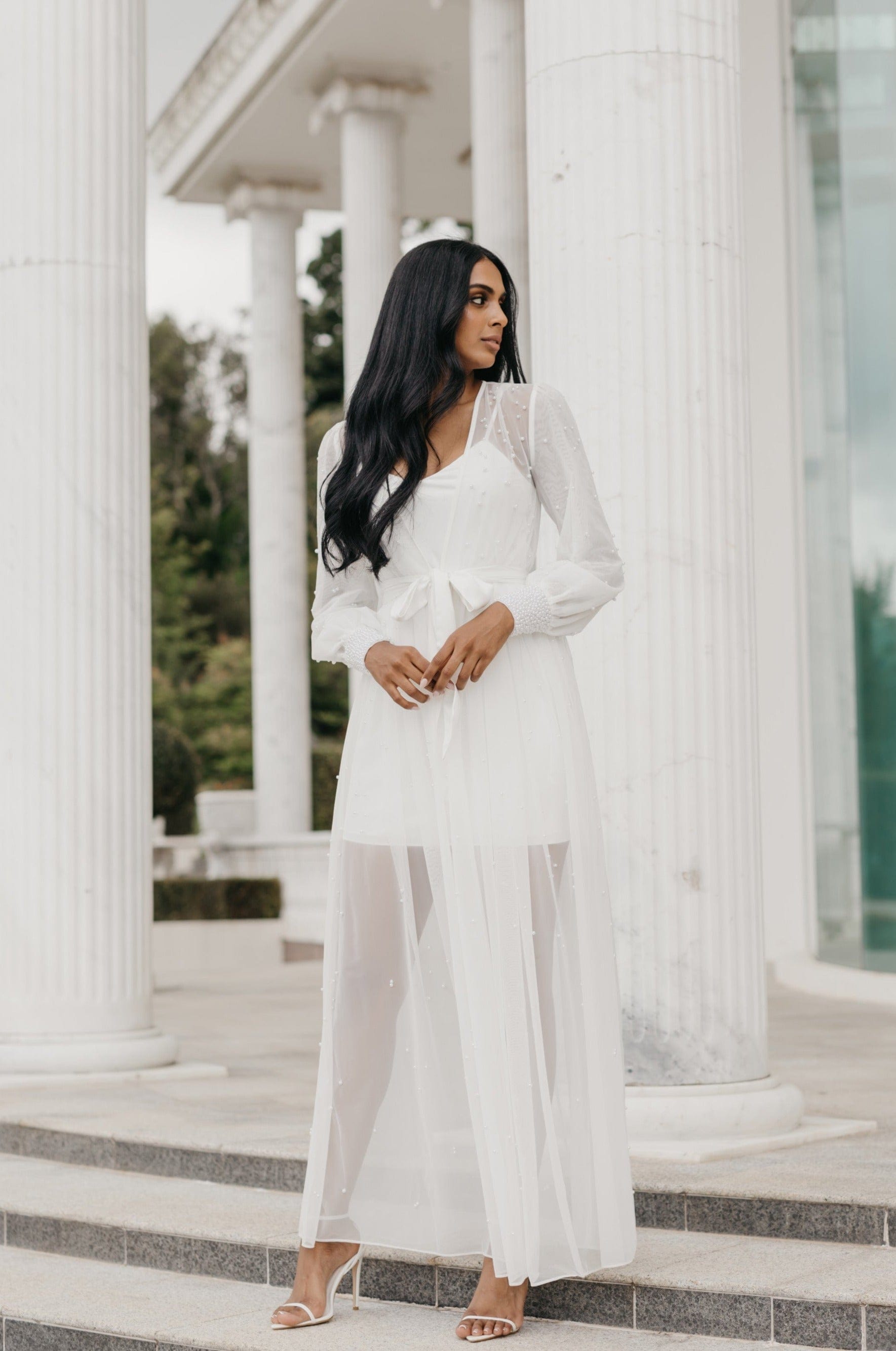 Elegant Ivy Hand-Beaded Pearl Mesh Maxi Dress with Slip - Perfect for Weddings, Parties & Special Occasions