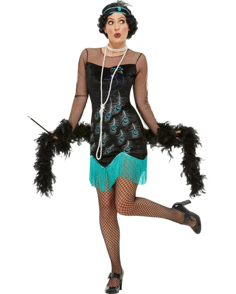 20s Peacock Fringe Flapper Dress - 1920s Gatsby Party Costume for Women - Roaring Twenties Themed Outfit for Halloween, Burlesque Shows & Vintage Dance Parties