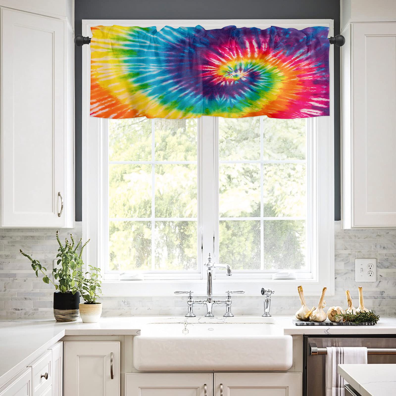 Vanlance Rod Pocket Window Curtains - Soft & Washable Rainbow Tie Dye Valance Panel (54x18 Inch) for Living Room, Kitchen & Bathroom - Perfect Small Window Treatment & Home Decor Accent