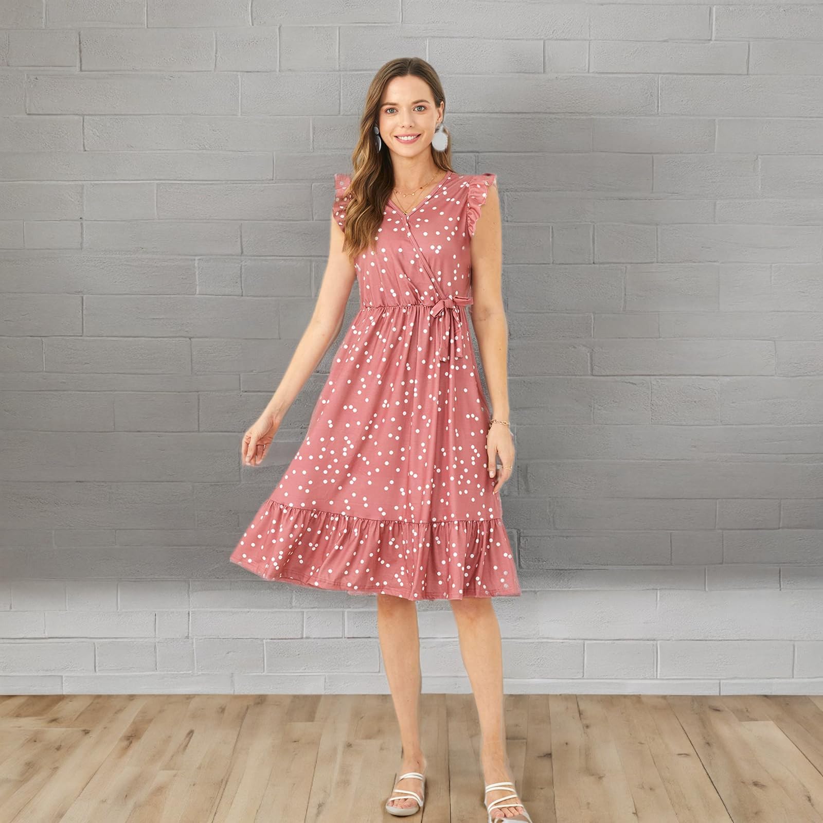 IFFEI Mommy and Me Dresses - Matching Pink Ruffle Flutter Sleeve Dot Print Outfits for Mother and Daughter | Family Photo, Birthday Party, Mother's Day Outfits