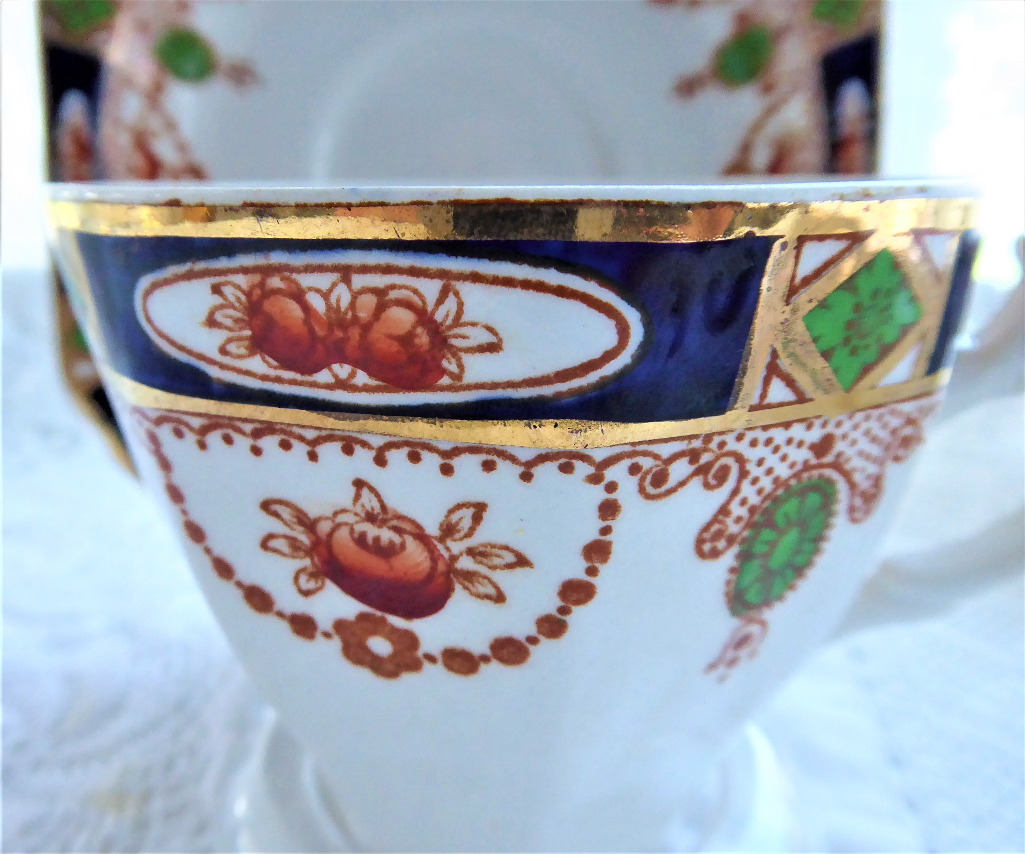 Vintage Imperial Derby Imari Cup and Saucer Set - Cobalt Blue & Rust Design by T. Hughes England 1920s Antique Tea Set for Collectors & Afternoon Tea Lovers