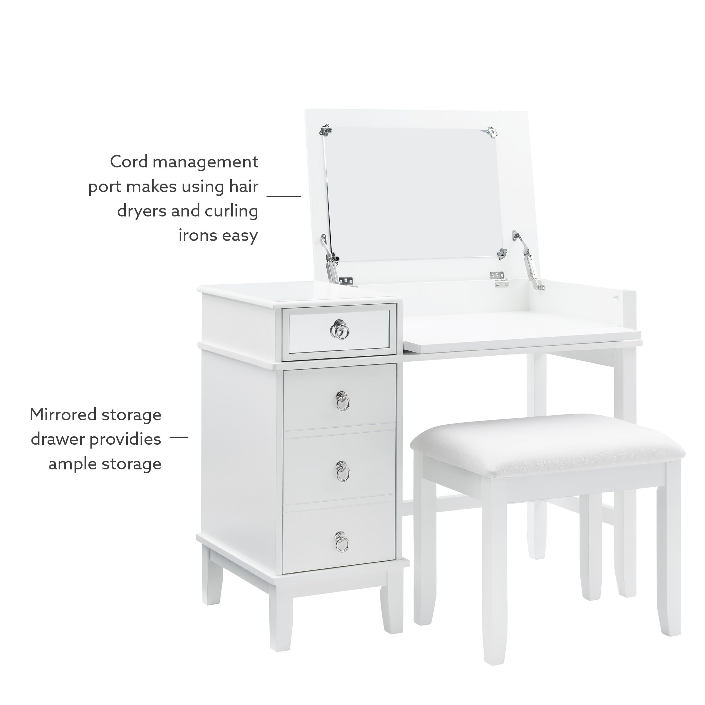 Linon White Vanity Set with Mirror & Stool - Elegant Dressing Table for Bedroom, Bathroom & Makeup Area