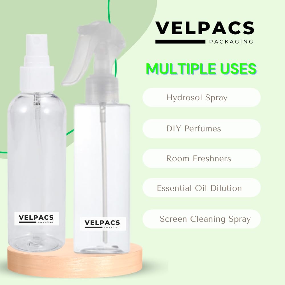 Velpacs 200ml Empty Plastic Spray Bottles Set (1 Trigger Spray + 1 Fine Mist Spray) - 2 Pack Refillable Containers for Hair Oils, Rosemary Water, Perfume, Rosewater & DIY Beauty Products | Travel Size, Home & Salon Use
