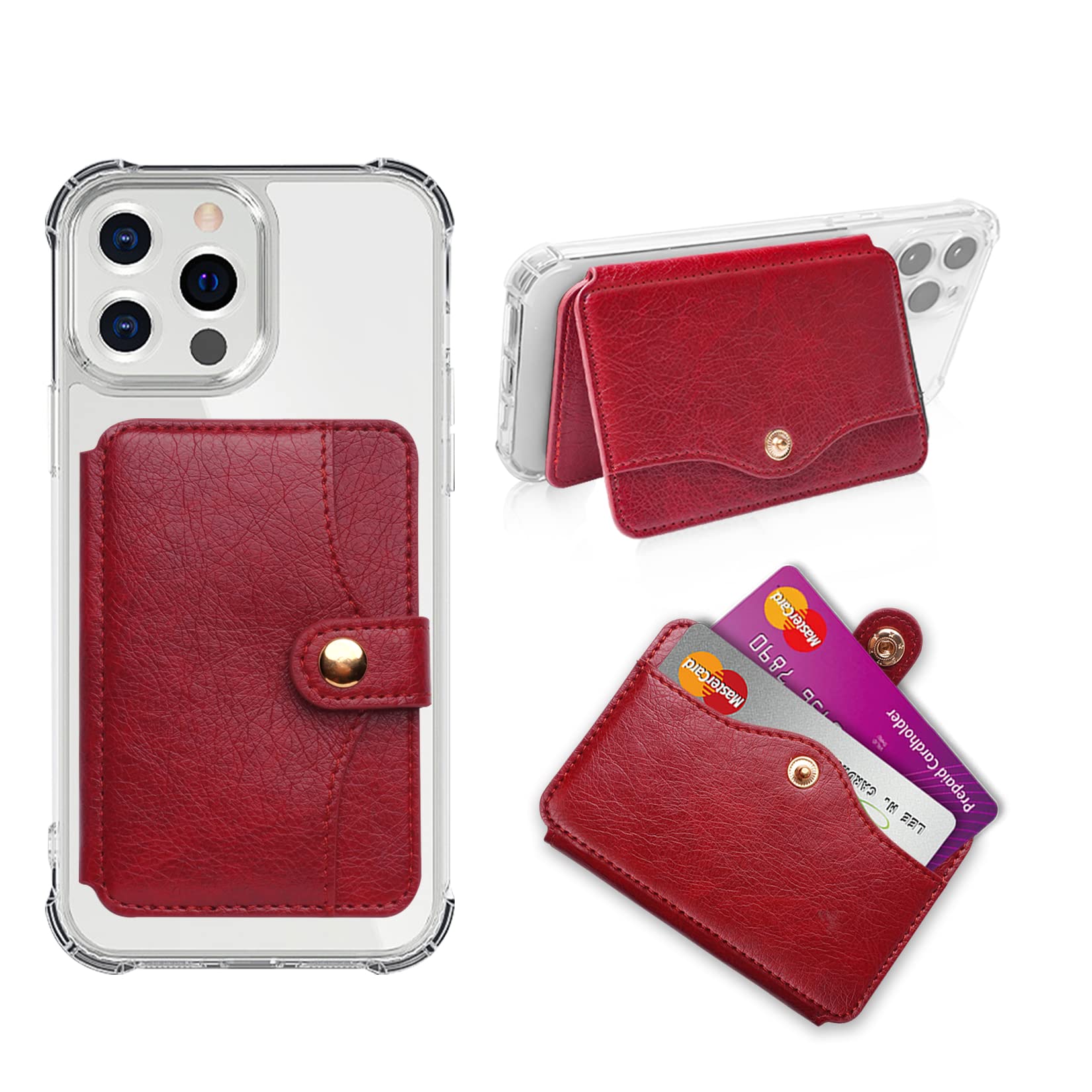 Stick-On Credit Card Holder for iPhone - 3M Adhesive Phone Wallet with Snap Closure | Compatible with Most iPhone Models & Cases (Red) | Perfect for Hands-Free Shopping, Travel & Everyday Use