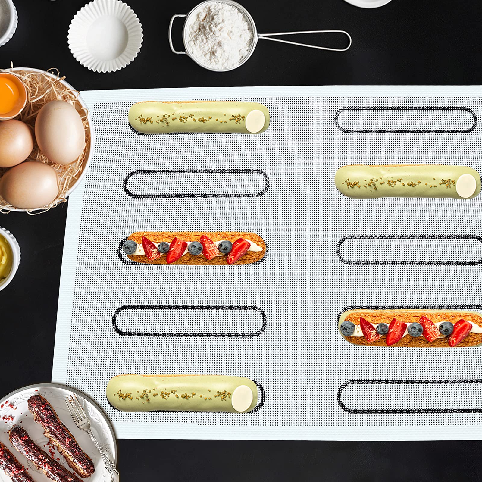 Firsmat 2-Pack Perforated Eclair Mesh Silicone Baking Mats for Bread, Tartlets, Cookies - Non-Stick Oven Sheets (11.8