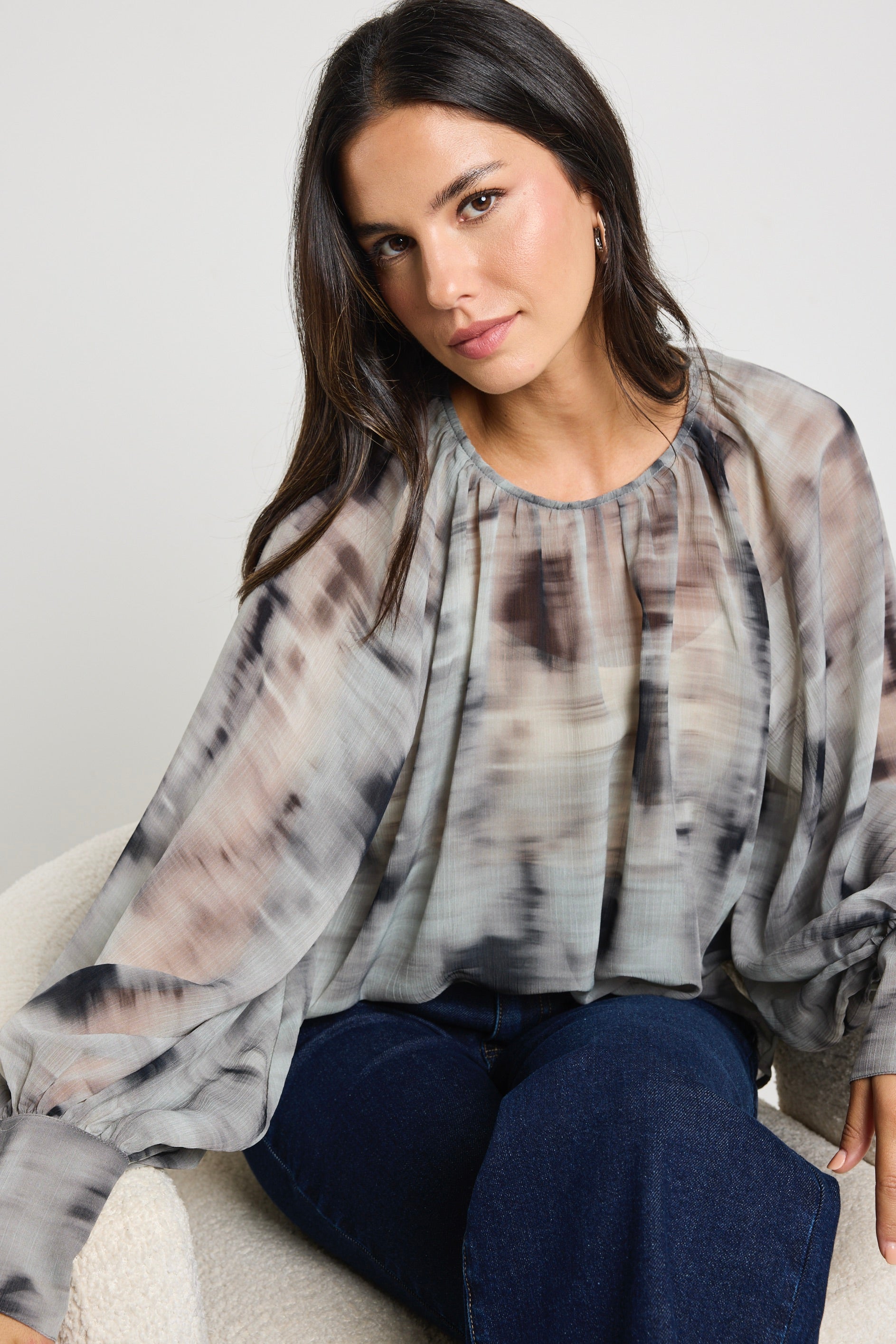 Stylish Charcoal Smudge Crew Neck Long Sleeve Top for Women | Trendy Loose Fit Blouse for Casual Outings & Layering