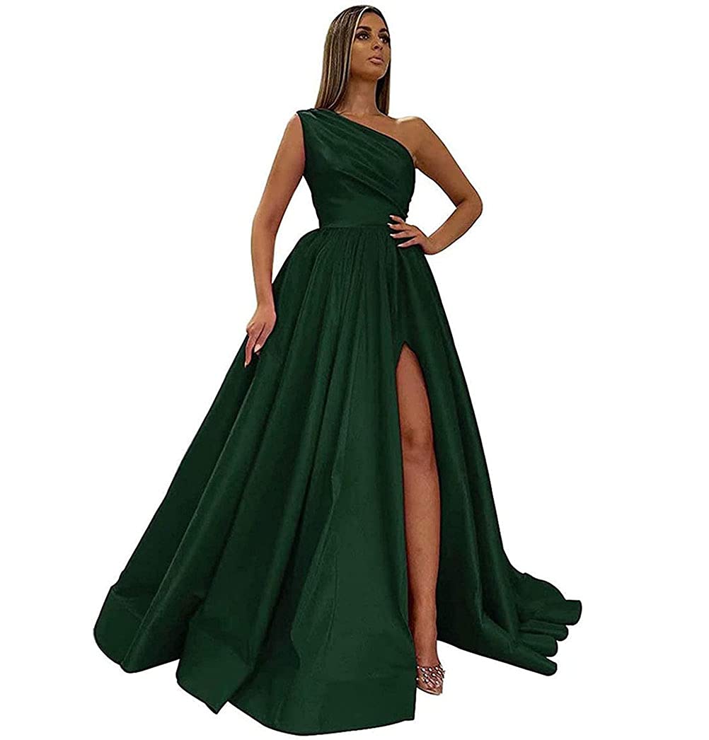 Makerah One Shoulder Prom Dress with High Slit - Long Satin A-Line Formal Evening Gown for Women | Perfect for Prom, Homecoming, Cocktail Party & Black Tie Events