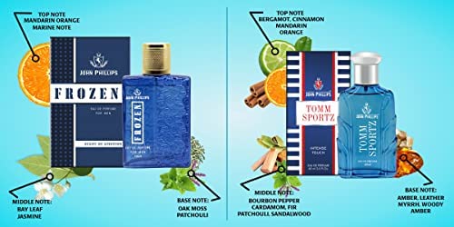 John Phillips™ Frozen & Tomm Sportz Men's Cologne - Long Lasting Eau De Toilette Fragrance for Daily Wear & Casual Occasions | Gym, Office, Date Night & Everyday Use