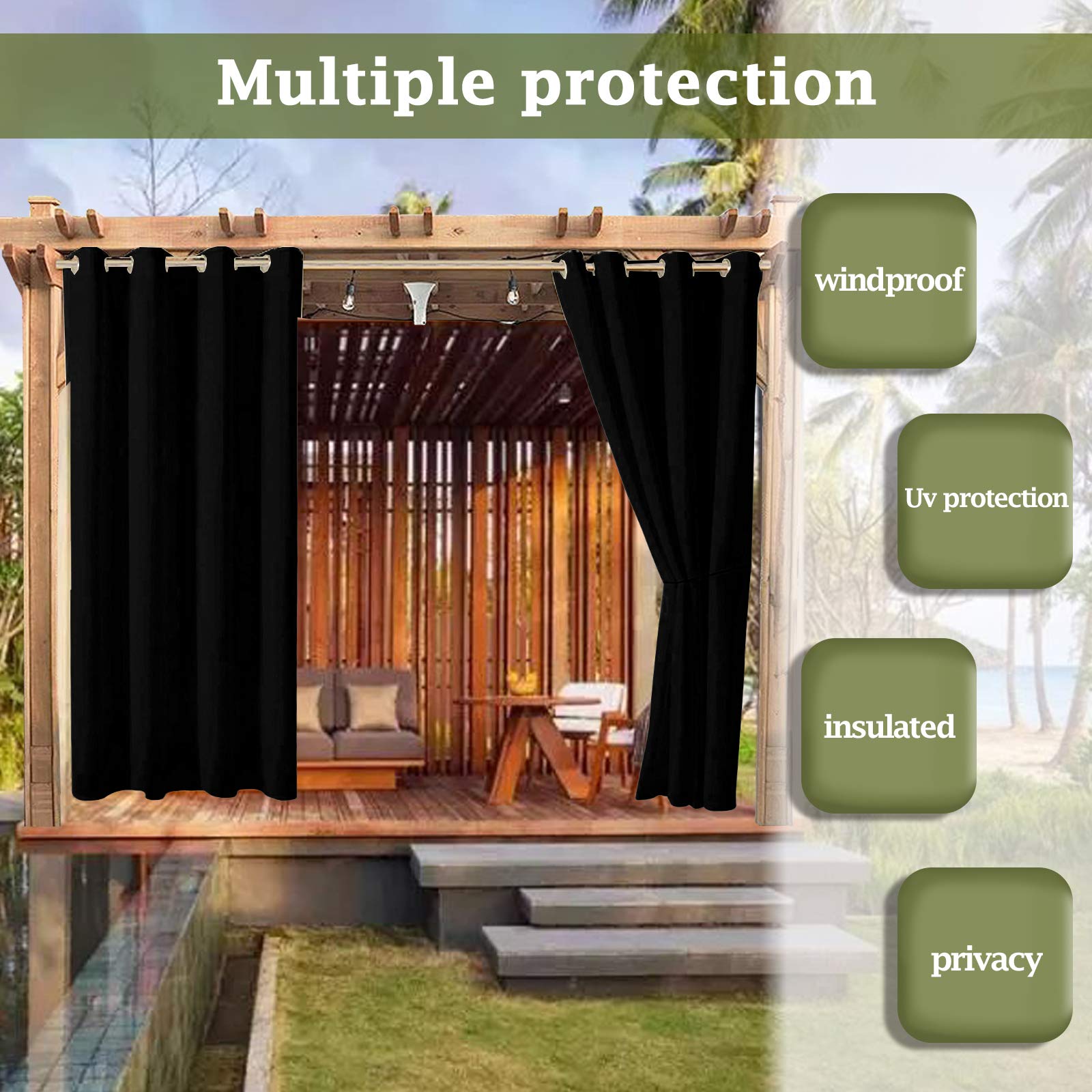 Indoor Outdoor Curtain - Waterproof UV Resistant Rustproof Thermal Insulated Cabana Curtains for Gazebo, Porch, Terrace, Beach Deck (52x108 Inch, Black) - Perfect for Sun Protection, Privacy & Decoration in Backyard, Patio & Pool Areas