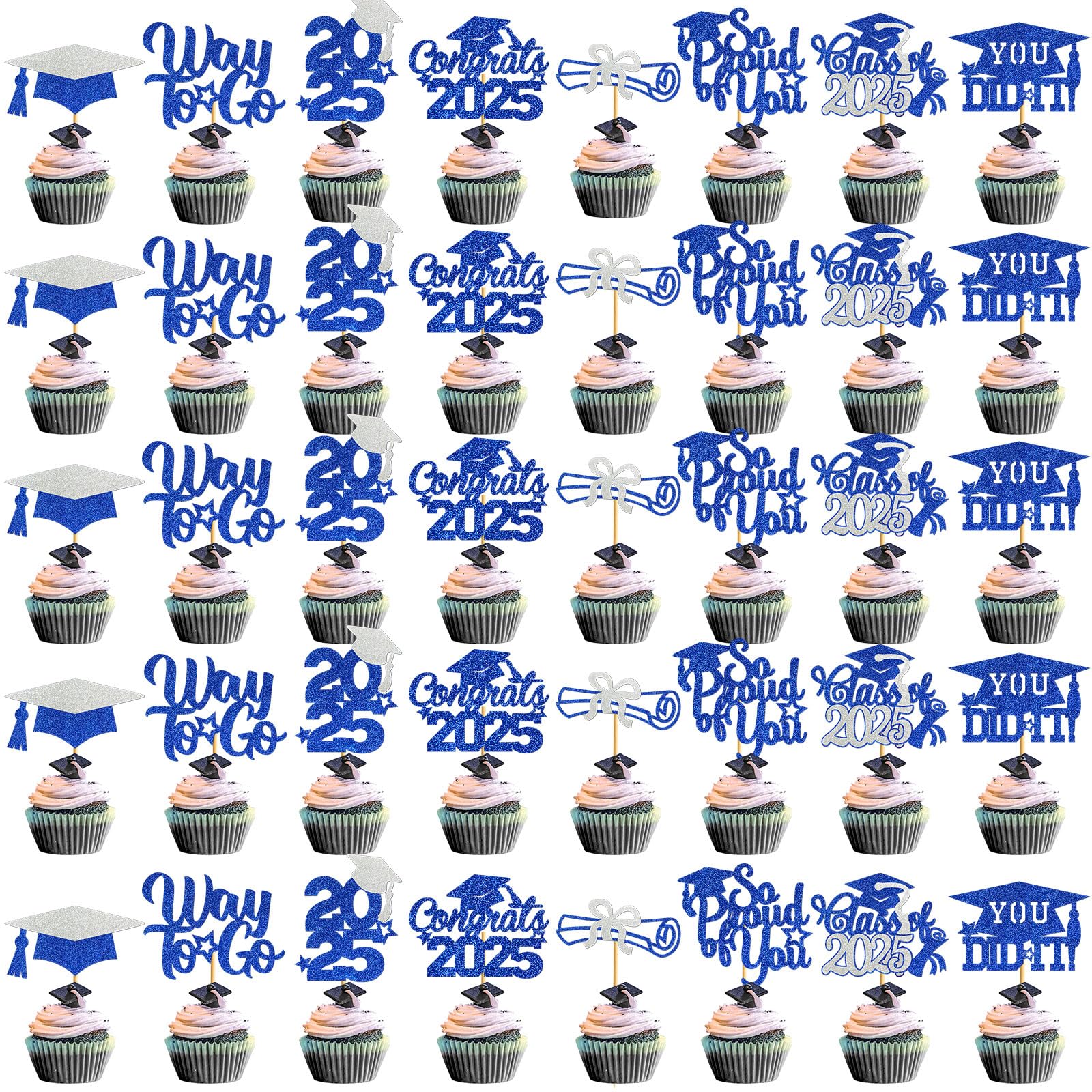 40Pcs Graduation Cupcake Toppers 2025 - Class of 2025 Decorations, Congrats Grad Party Supplies, Blue Silver Cake Toppers for Graduation Ceremony & Celebration