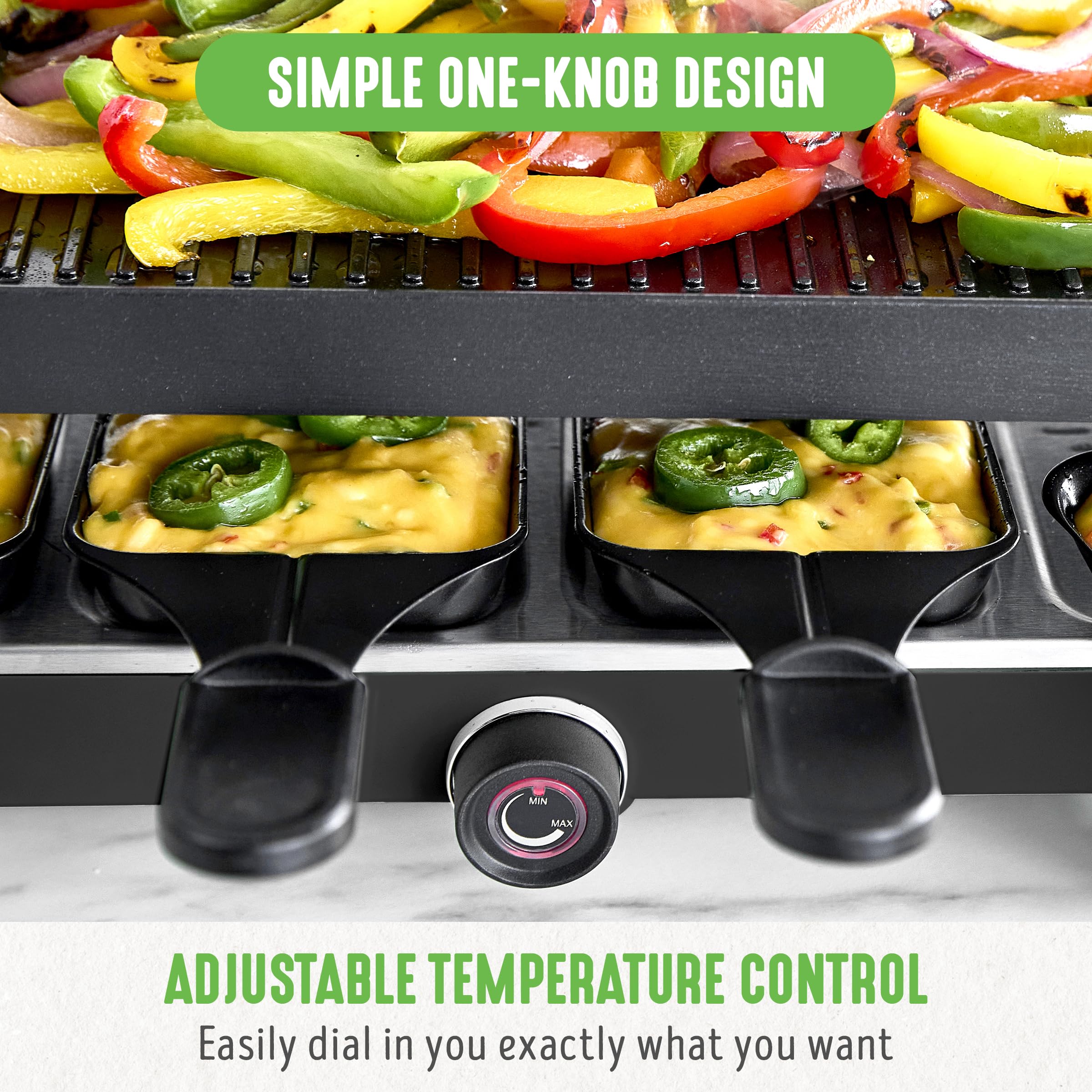 GreenLife Raclette Indoor Tabletop Grill - Healthy Ceramic Nonstick 2-in-1 Grill & Griddle with 8 Square Pans, Adjustable Temp Control & Indicator Light | PFAS-Free Black Electric Grill for Family Gatherings, Dinner Parties & Cozy Nights