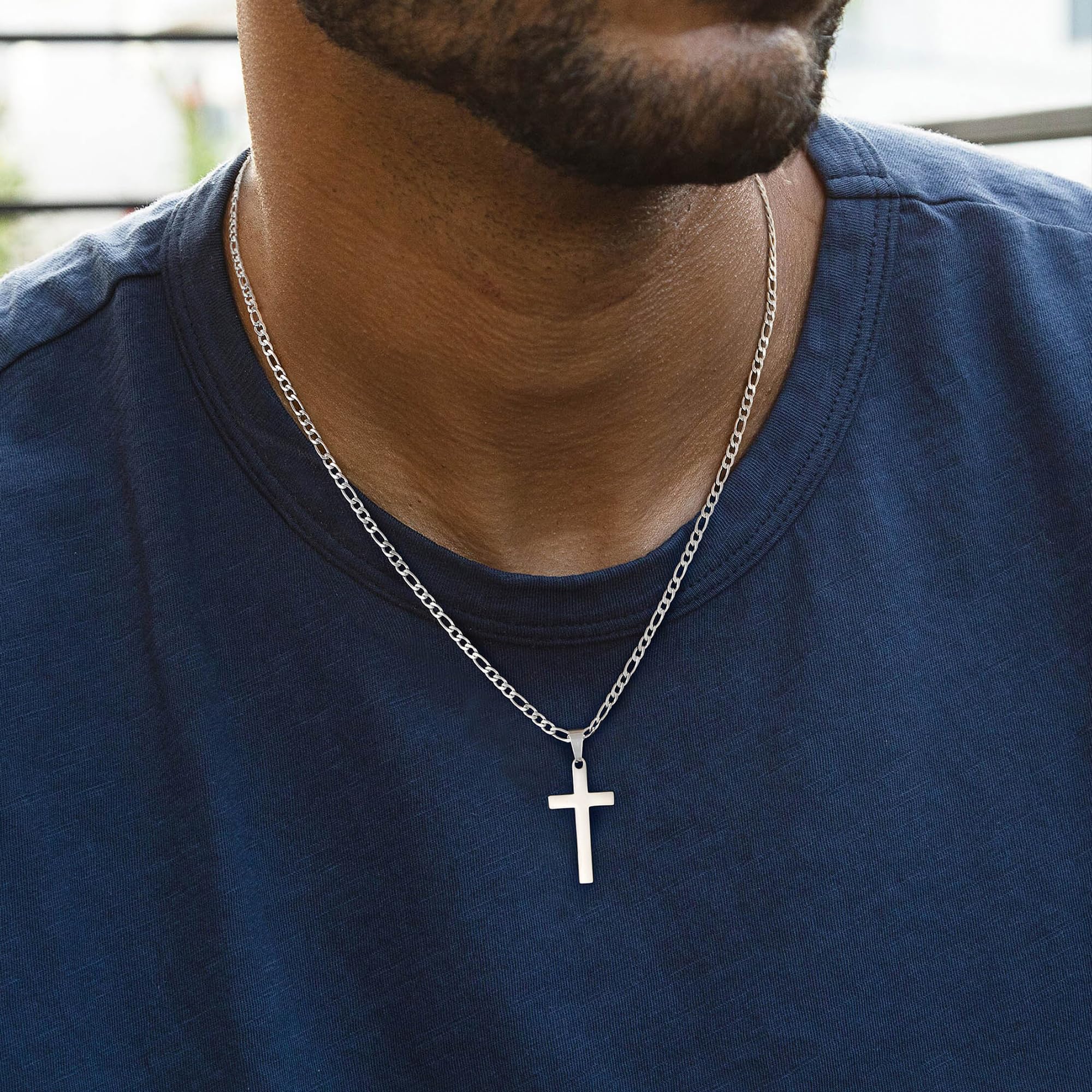 LUXEJEW Stainless Steel Cross Necklace for Men & Women - Black, Silver, Gold Figaro Chain with Cross Pendant - 16 to 24 Inches Adjustable - Perfect for Everyday Wear, Gifts & Religious Occasions