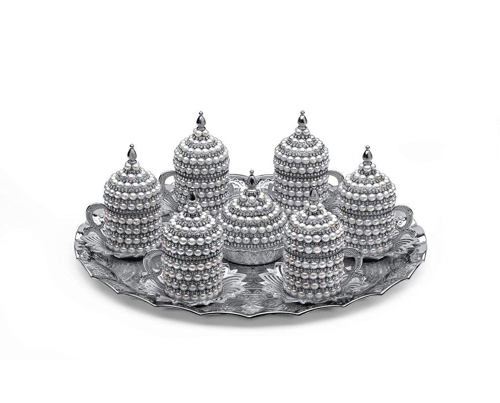 Premium Espresso Coffee Cups Set - Turkish Arabic Greek Coffee Cups with Pearl Coating, Elegant Silver Coffee Mugs for Home, Office & Gifts - Perfect for Espresso, Turkish Coffee & Wedding Gift Sets