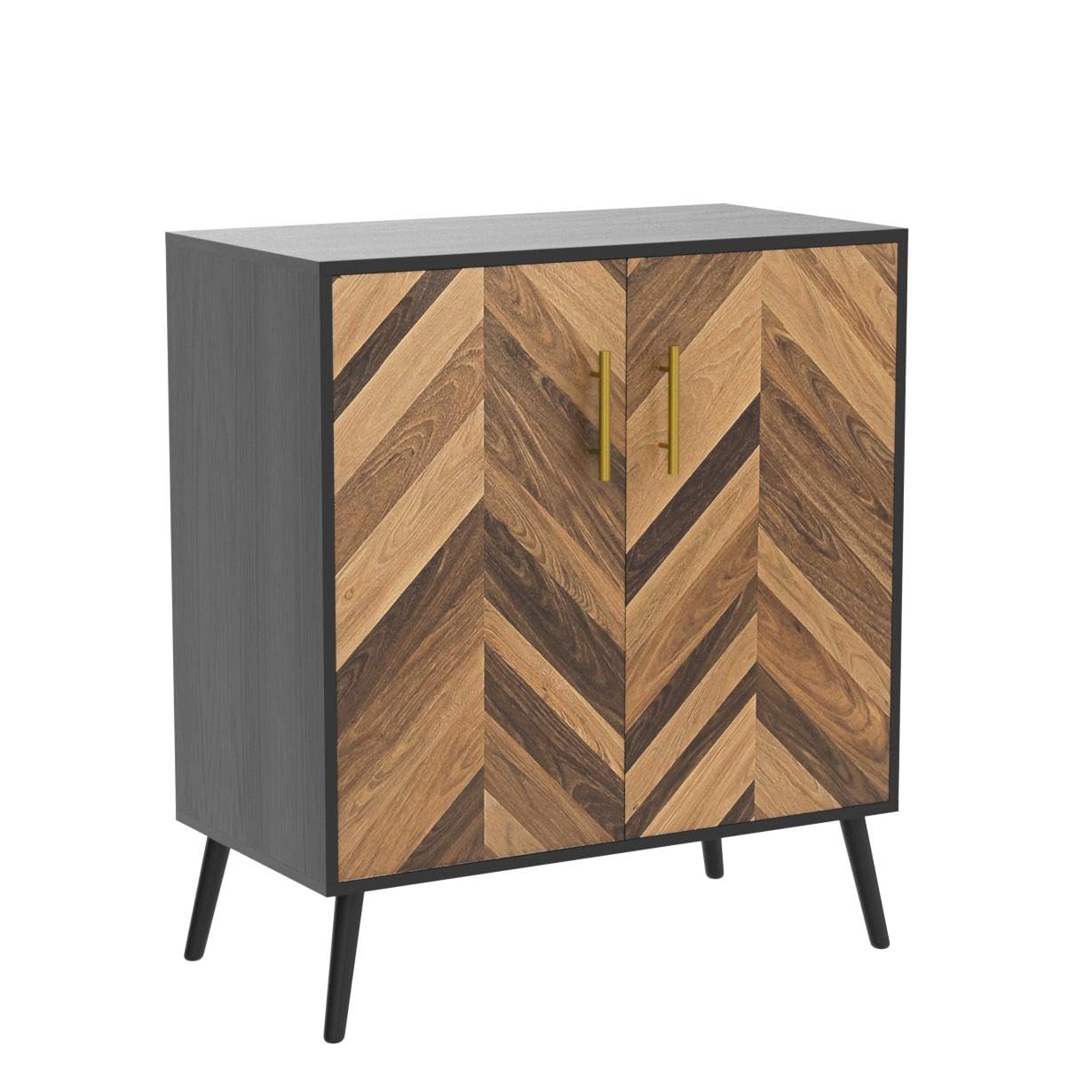 Mid Century Modern Black Accent Cabinet with Doors & Storage Shelves - Small Wood Sideboard Buffet Cabinet for Living Room, Entryway, Office - Brown Herringbone Design - Perfect for Home Decor & Storage Solutions