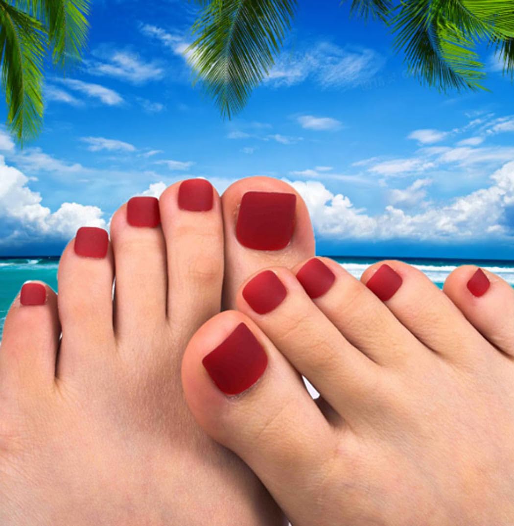 Red Square Matte Press-On Toenails - Full Cover Artificial Fake Stick-On Nails for Women & Girls | Perfect for Pedicures, Parties, and Everyday Wear