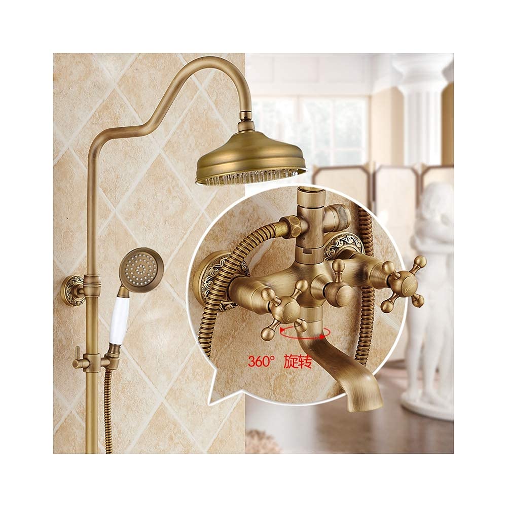 Antique Brass Shower System - Dual Handle Rainfall Shower Mixer with Adjustable Brass Shower Head, Hand Shower & Swivel Spout | Bathroom Upgrade for Spa-Like Experience | Perfect for Master Bath & Luxury Home Renovations