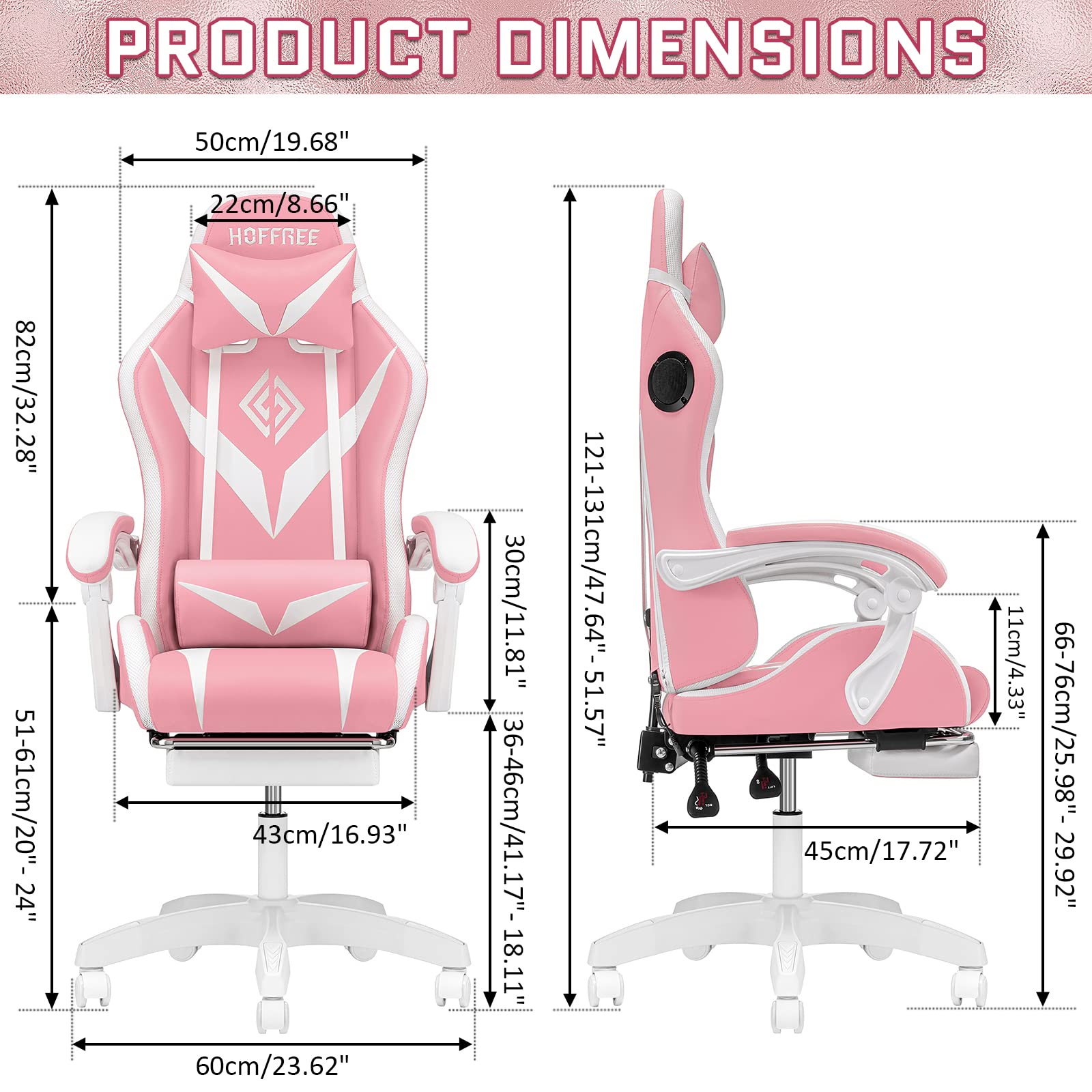 Pink Ergonomic Gaming Chair with Bluetooth Speakers, RGB LED Lights, Massage & Footrest - High Back Lumbar Support for PC, Video Game & Office Use - Perfect for Streaming, Esports & Home Gaming Setup