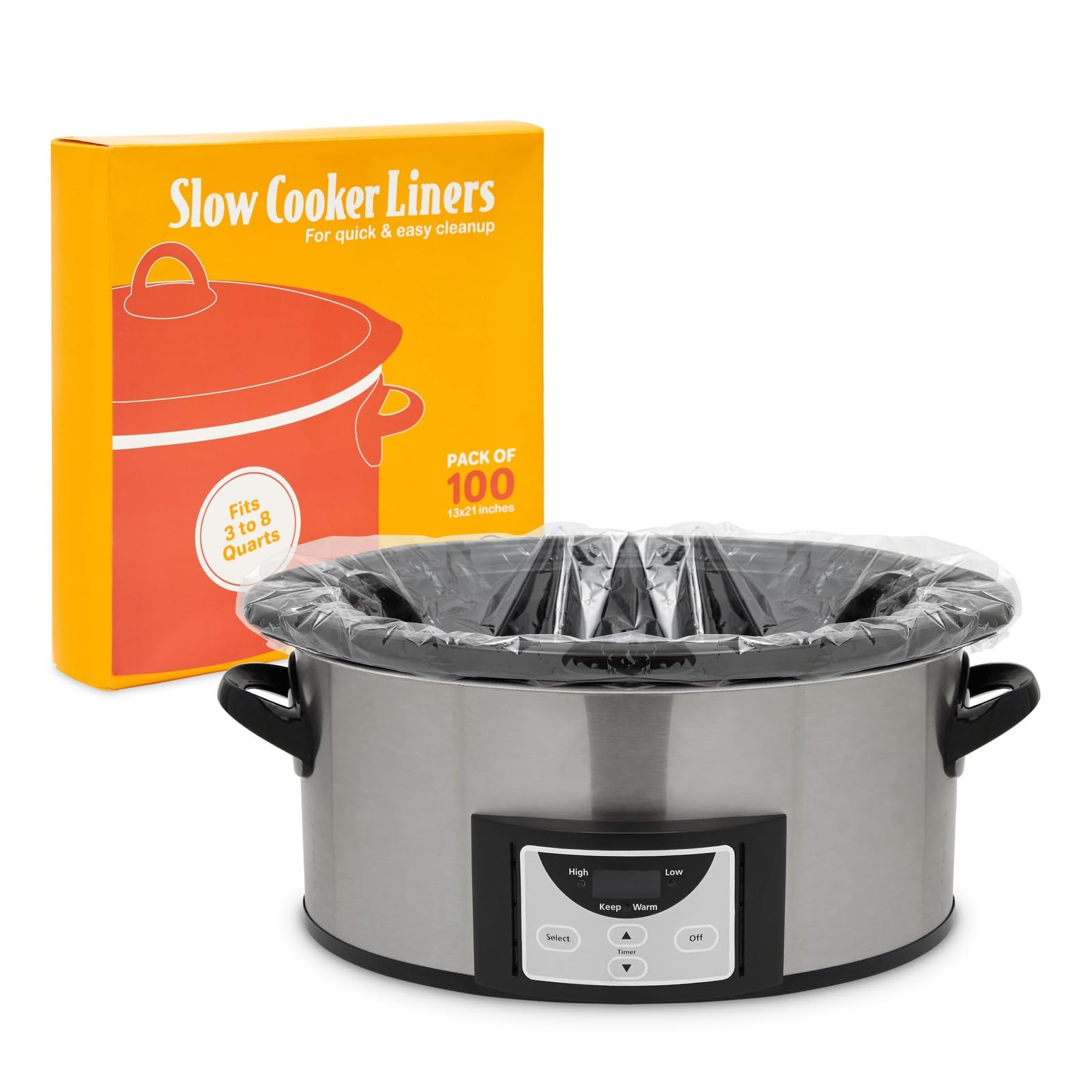 Slow Cooker Liners - 100 Pack Disposable Clear Plastic Cooking Bags for Oval & Round Pots (3-8 QT, 13x21 in) | Easy Clean Up, Regular Size | Perfect for Meal Prep, Family Dinners & Holiday Cooking
