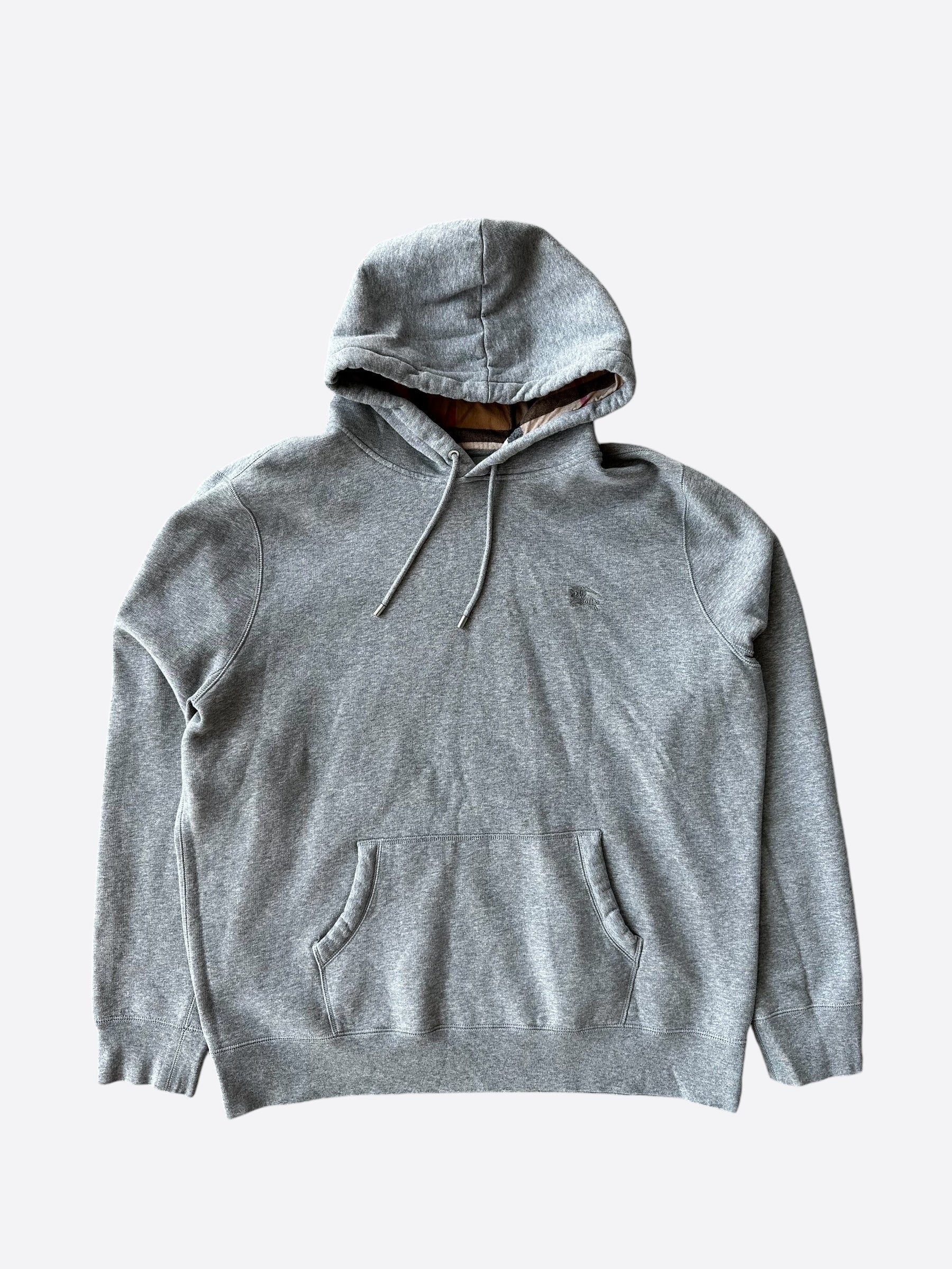 Burberry Grey Check Trim Embroidered Hoodie for Men - Classic Luxury Pullover with Signature Plaid Design | Perfect for Casual Outfits, Streetwear & Winter Layering
