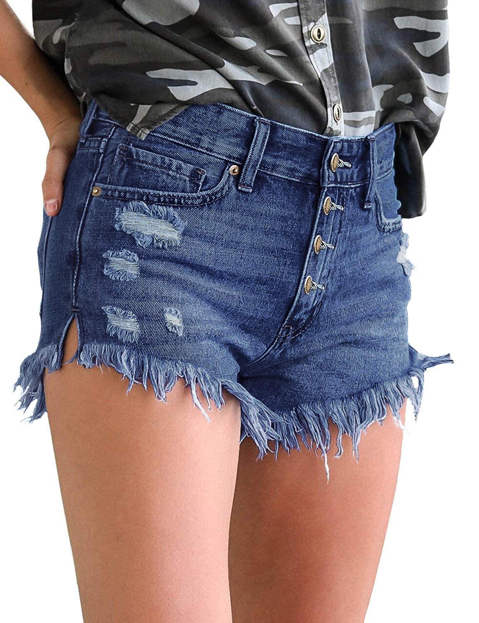 LookbookStore Women's High Waisted Denim Shorts with Sewn Cuff Hem & Button Details | Summer Fashion Staple for Beach, Casual Outings & Street Style