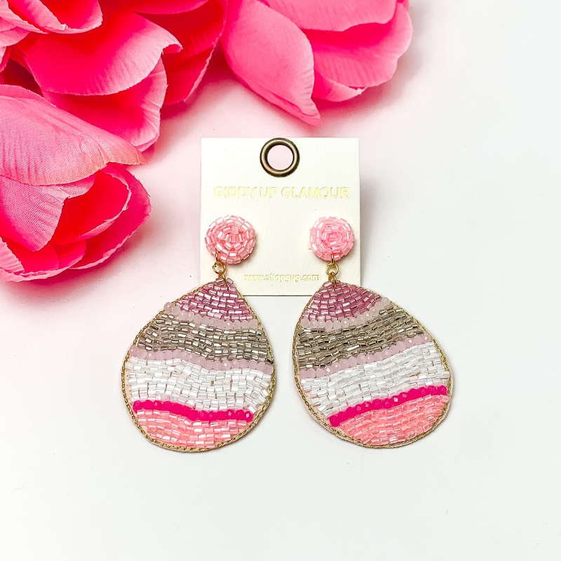 Pink and Silver Crystal Beaded Easter Egg Earrings - Handmade Holiday Jewelry for Easter Celebrations, Spring Parties & Gift Giving