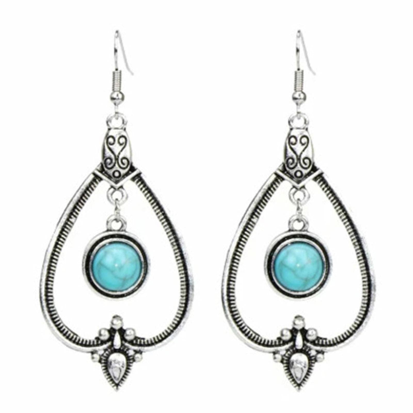 NA Alloy Bohemian Turquoise Geometric Drop Earrings - Palace Style Ethnic Retro Hollow Dangle Earrings for Women & Girls | Perfect for Parties, Weddings & Boho Fashion