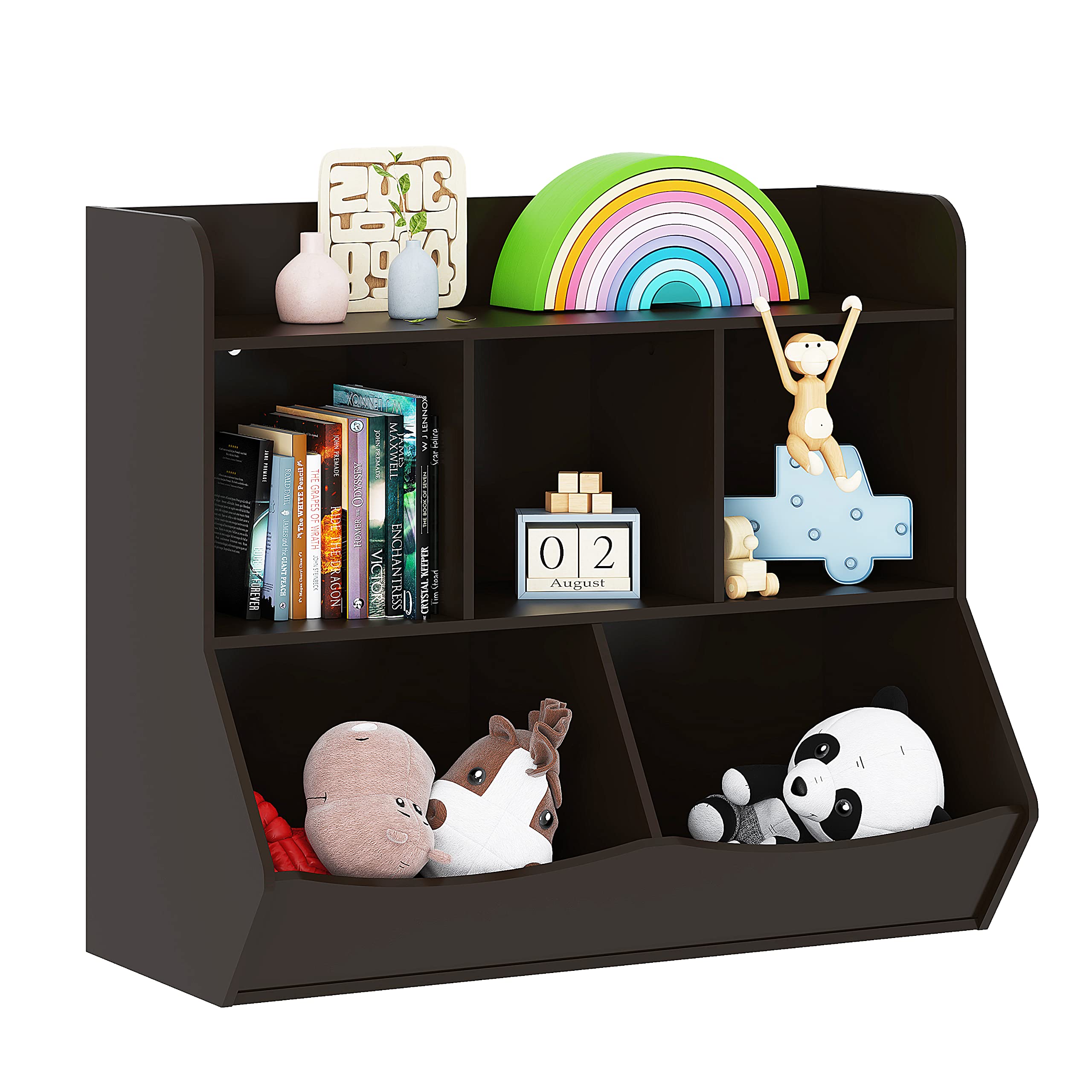 UTEX Kids Toy Storage Organizer with Bookcase - 6-Shelf Cubby Organizer for Books, Toys & Clothes - Sturdy Wooden Shelf for Boys & Girls Bedroom, Playroom & Nursery - Espresso Finish