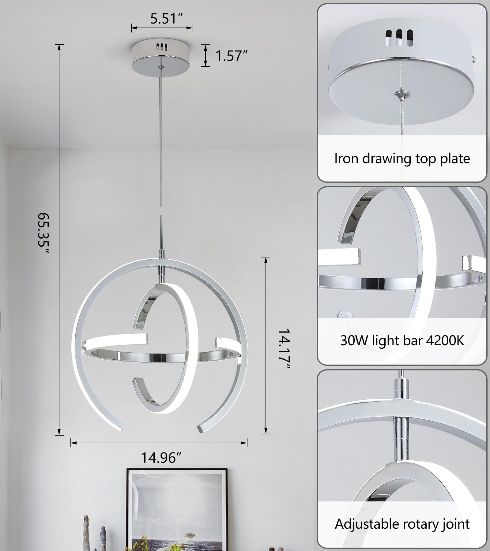 Q&S Modern LED Chandelier - Chrome Silver Round Globe Pendant Light Fixture for Kitchen Island, Dining Room, Living Room & Entryway - Energy Efficient Hanging Light for Home Decor & Ambience