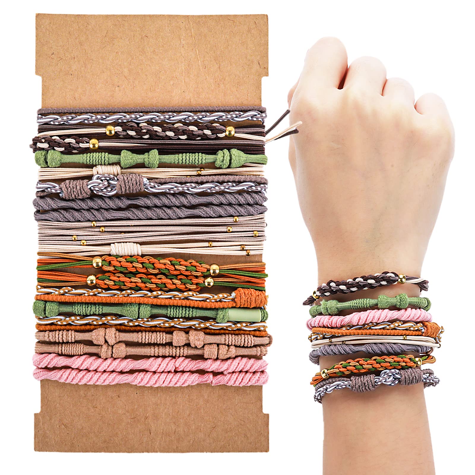 Boho Hair Ties for Women - 20 Pcs Elastic Ponytail Holders & Bracelets - Cute Hair Accessories for Thick & Thin Hair - Perfect for Everyday Wear, Workouts, and Boho Fashion