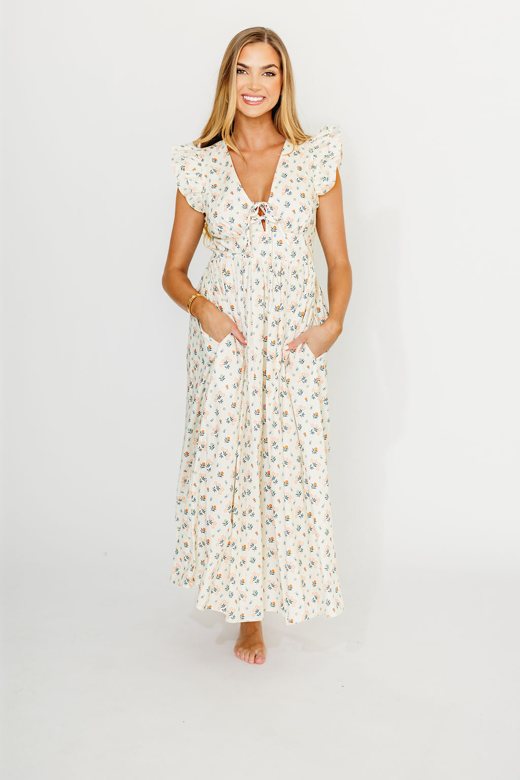 Nicole Women's 100% Cotton Floral Print Tie-Front Ruffle Maxi Dress - Cream Multi Color | Summer Beach Wedding, Boho Chic Outfit, Casual Party Dress