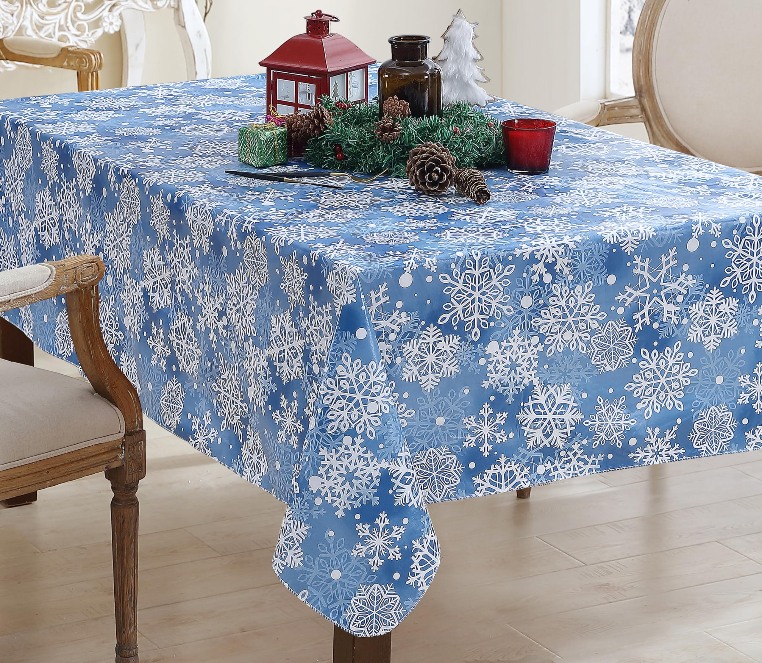 Newbridge Winter Holiday Blue Snowflakes Vinyl Tablecloth with Flannel Backing - Crystal Snowflake Christmas Table Cover 60
