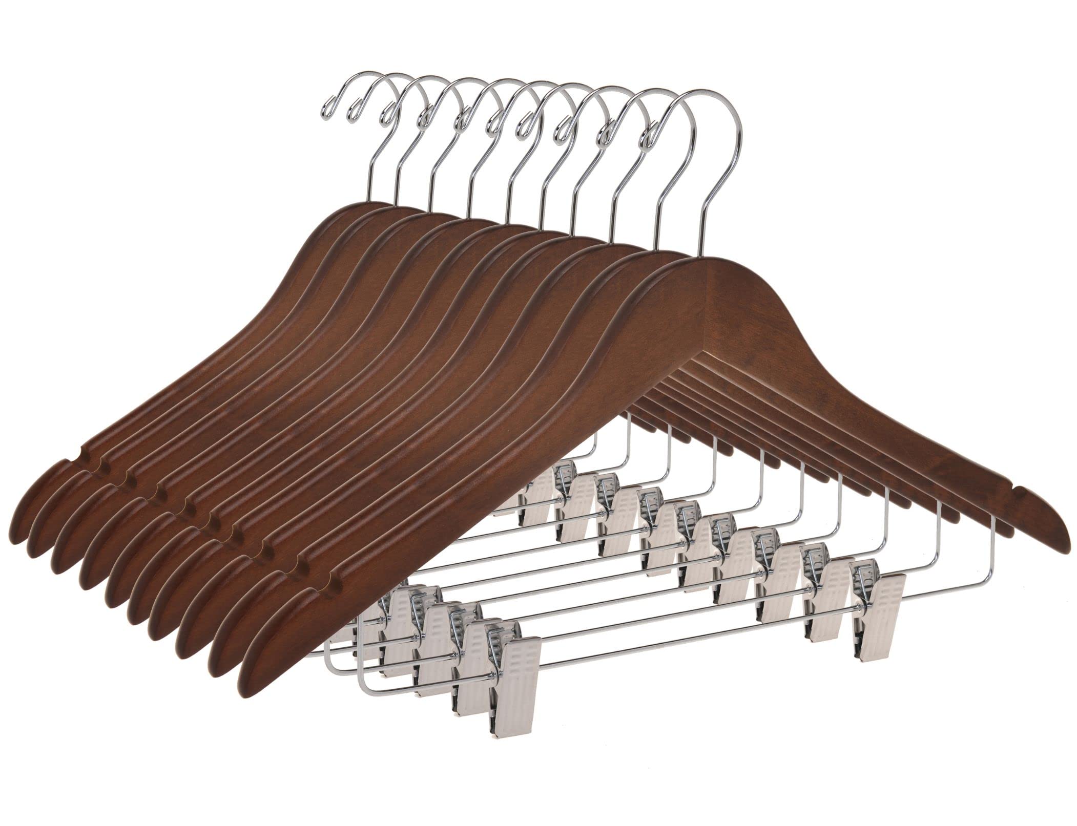 Premium 80-Pack Wooden Skirt & Pants Hangers with Adjustable Chrome Metal Clips - Swivel Hook for Coats, Jackets, Blouses & Suits (Walnut Finish) - Space-Saving Closet Organization for Home & Retail Stores