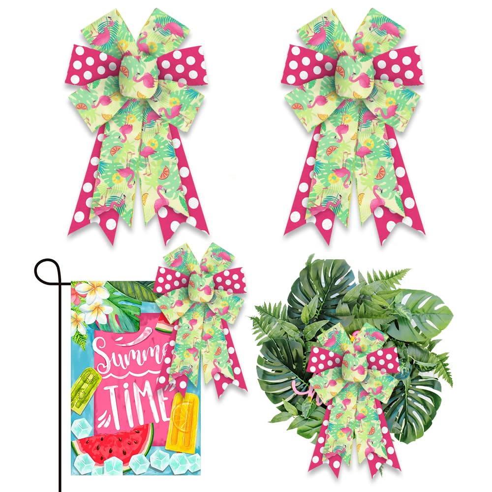 2 Pack Summer Wreath Bows - Green & Pink Burlap Flamingo Bows for Farmhouse Door Decor, Hawaiian Summer Party, Beach Pool Birthday Decorations | Perfect for Front Door, Wreaths, and Tropical Themed Parties