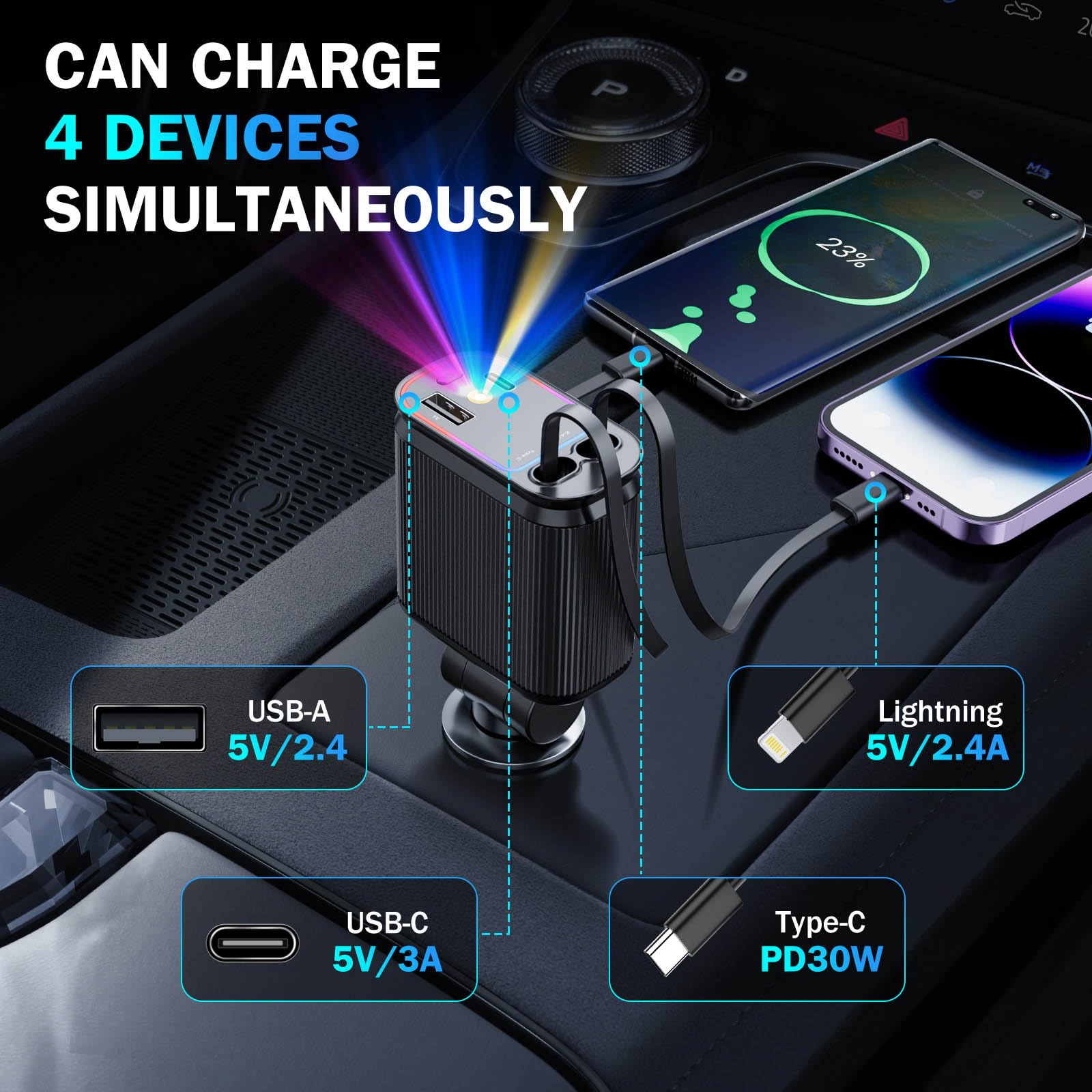 66W USB C Car Charger with Starlight - 4-in-1 Retractable Fast Charging Adapter with 2 USB Ports for iPhone 15/14/13/12/11 & Android Phones - Perfect for Road Trips & Daily Commute (Dark Black)