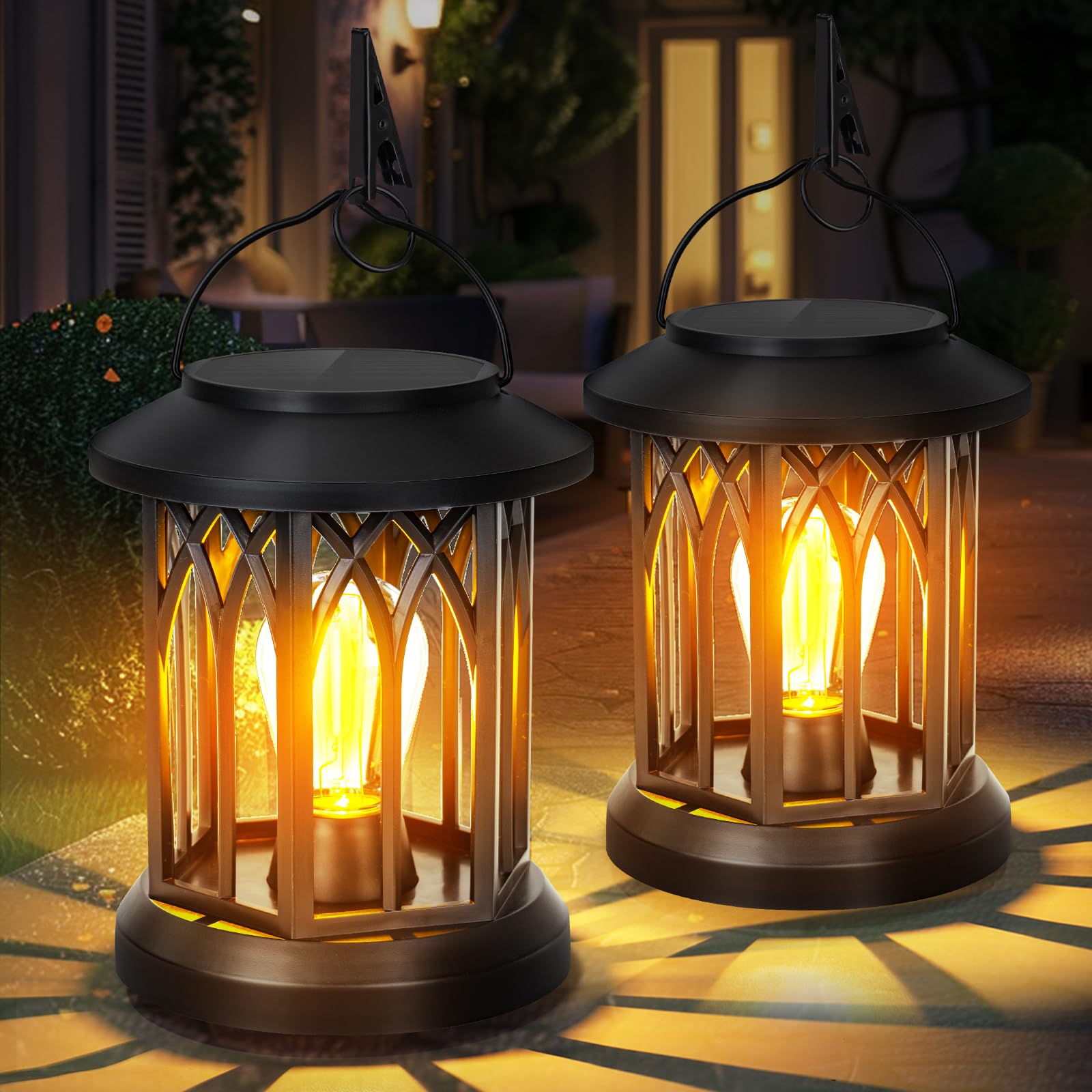 2 Pack Waterproof Solar Lanterns Outdoor Hanging - Decorative Solar Lights for Patio, Garden, Yard with Handle & Clip | Perfect for Backyard Parties, Camping & Pathway Lighting