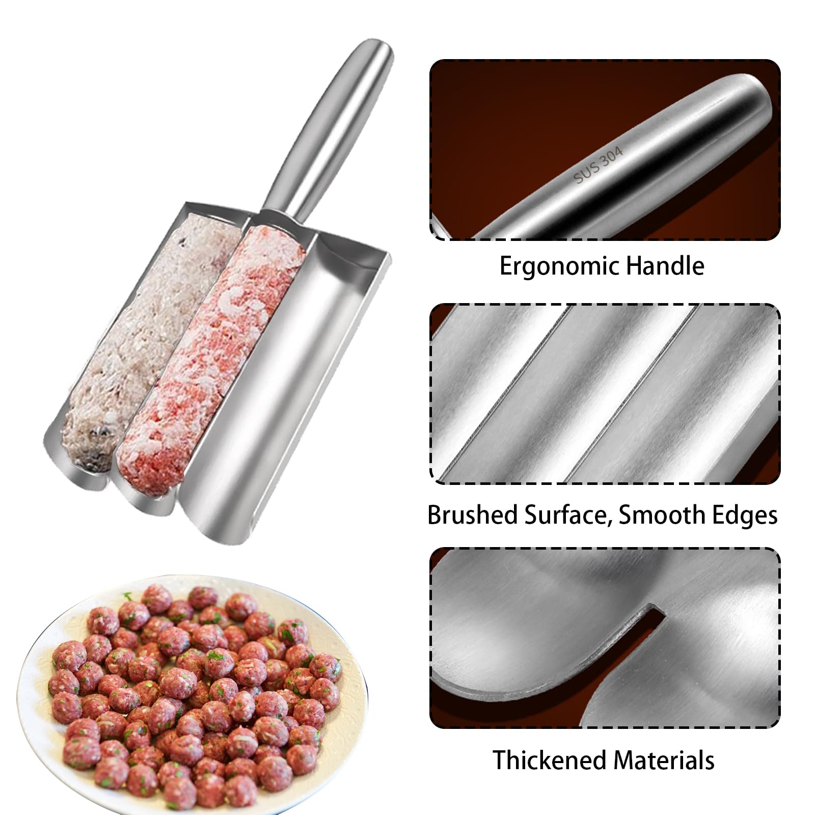 Stainless Steel Triple Meatball Maker with Non-Stick Mold & Cutting Spade - Manual DIY Cooking Tool for Quick Homemade Meatballs | Perfect for Italian Dishes, Meal Prep & Party Snacks