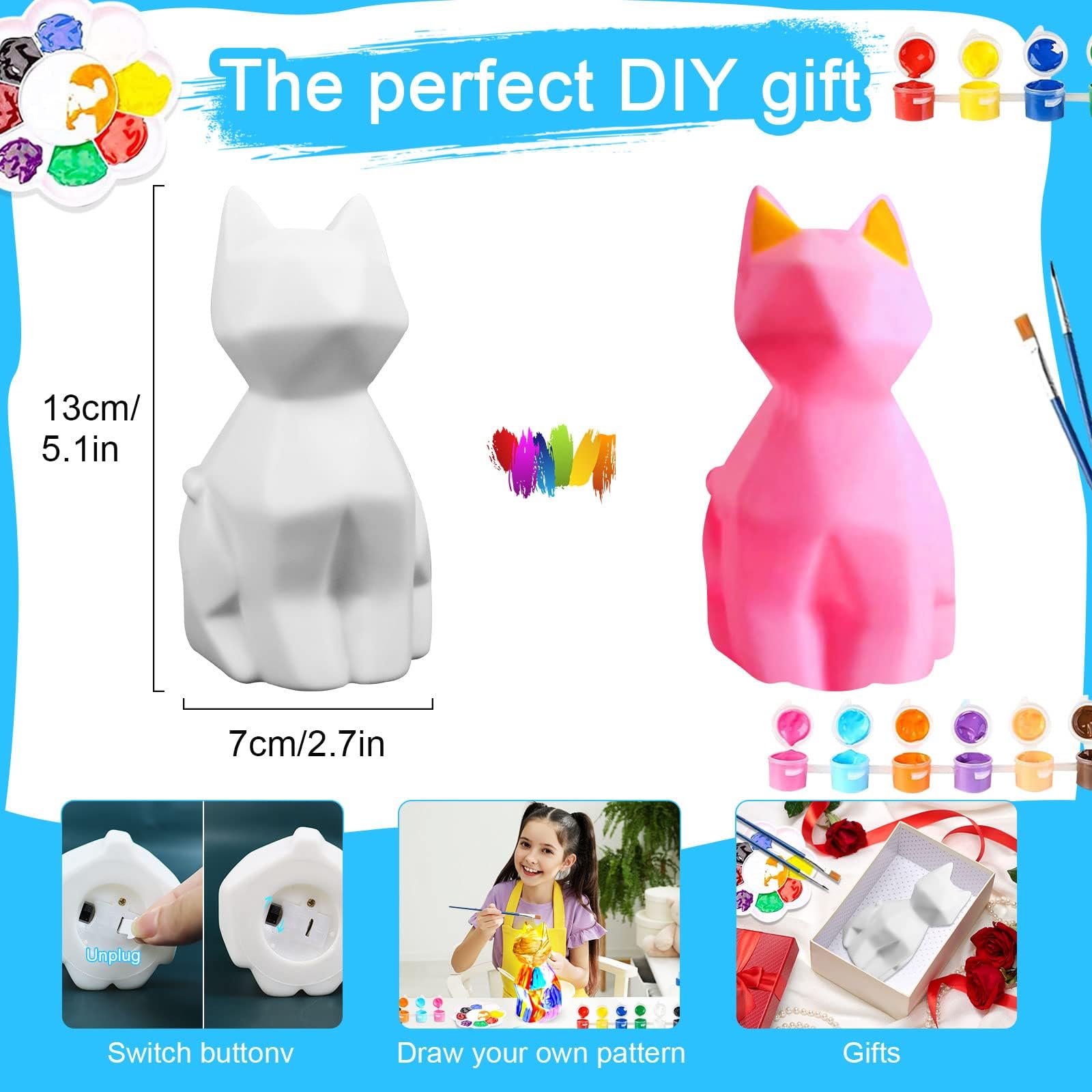 DIY Geometric Cat Night Light Painting Kit - Creative Arts & Crafts for Kids Ages 3-12 - Fun Animal Shaped Lamp for Bedroom Decor, Birthday Gifts for Boys & Girls - Perfect for Kids' Rooms, Study Areas & Gift Giving
