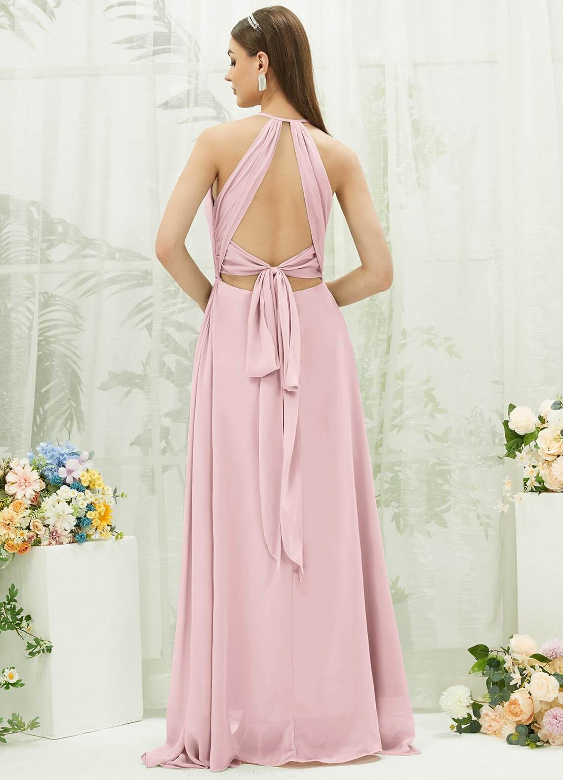 Elegant Blush Chiffon Halter V-Neck Backless Maxi Dress with High Slit - Perfect for Bridesmaids, Prom, Evening Gala & Formal Events