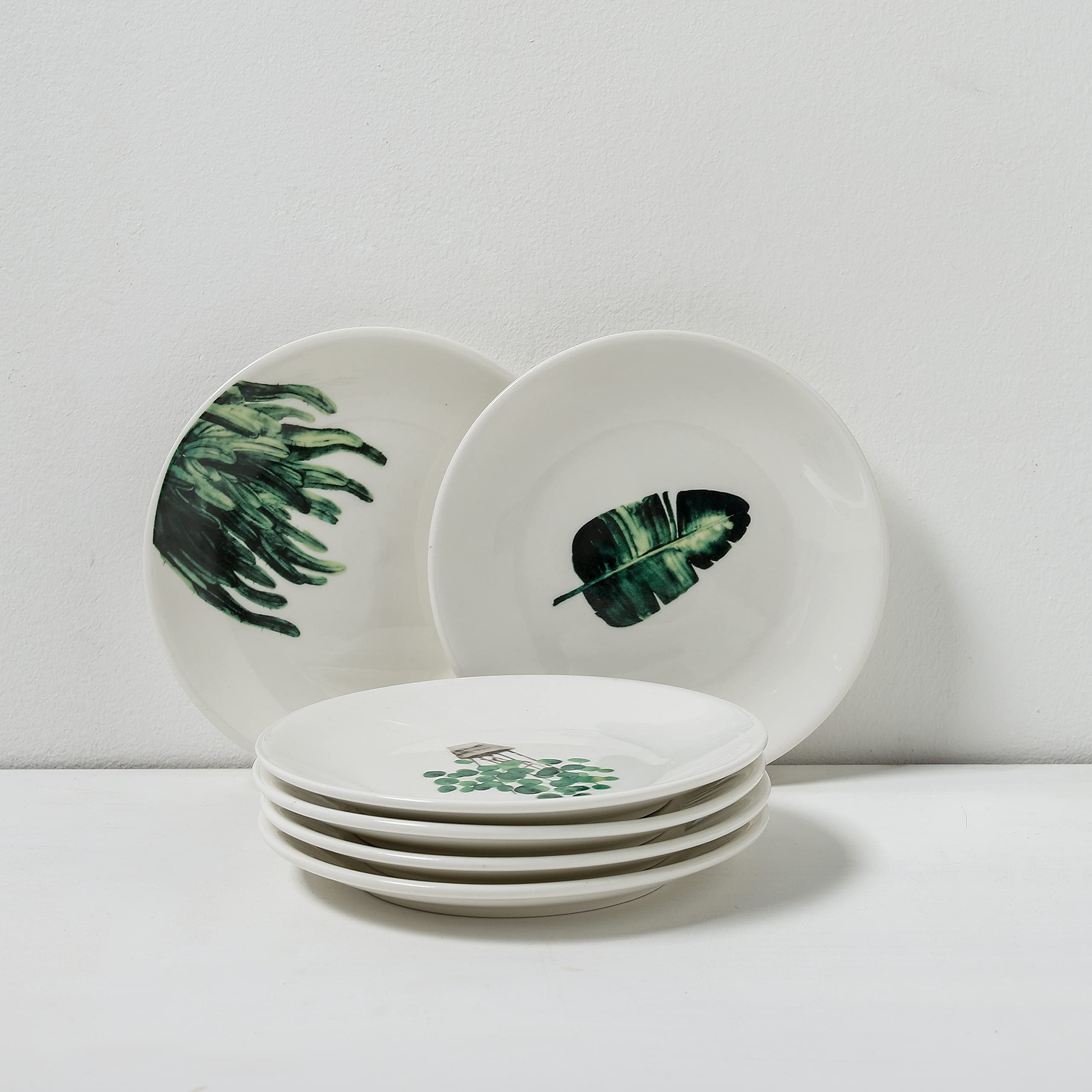 6-Piece Small Porcelain Appetizer Plates Set - 6 Inch White Ceramic Dessert Plates with Botanical Patterns, Microwave & Dishwasher Safe - Perfect for Luncheons, Snacks, Bread Serving & Party Dining