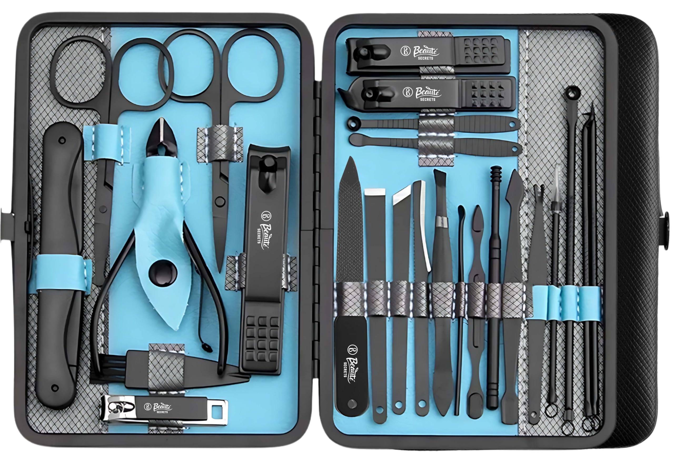 Beauté Secrets 25-Piece Stainless Steel Manicure & Pedicure Kit - Nail Clippers, Cutter, File, Sharp Scissors for Fingernails & Toenails with Portable Blue Case - Perfect for Travel, Home, Salon & Gifts