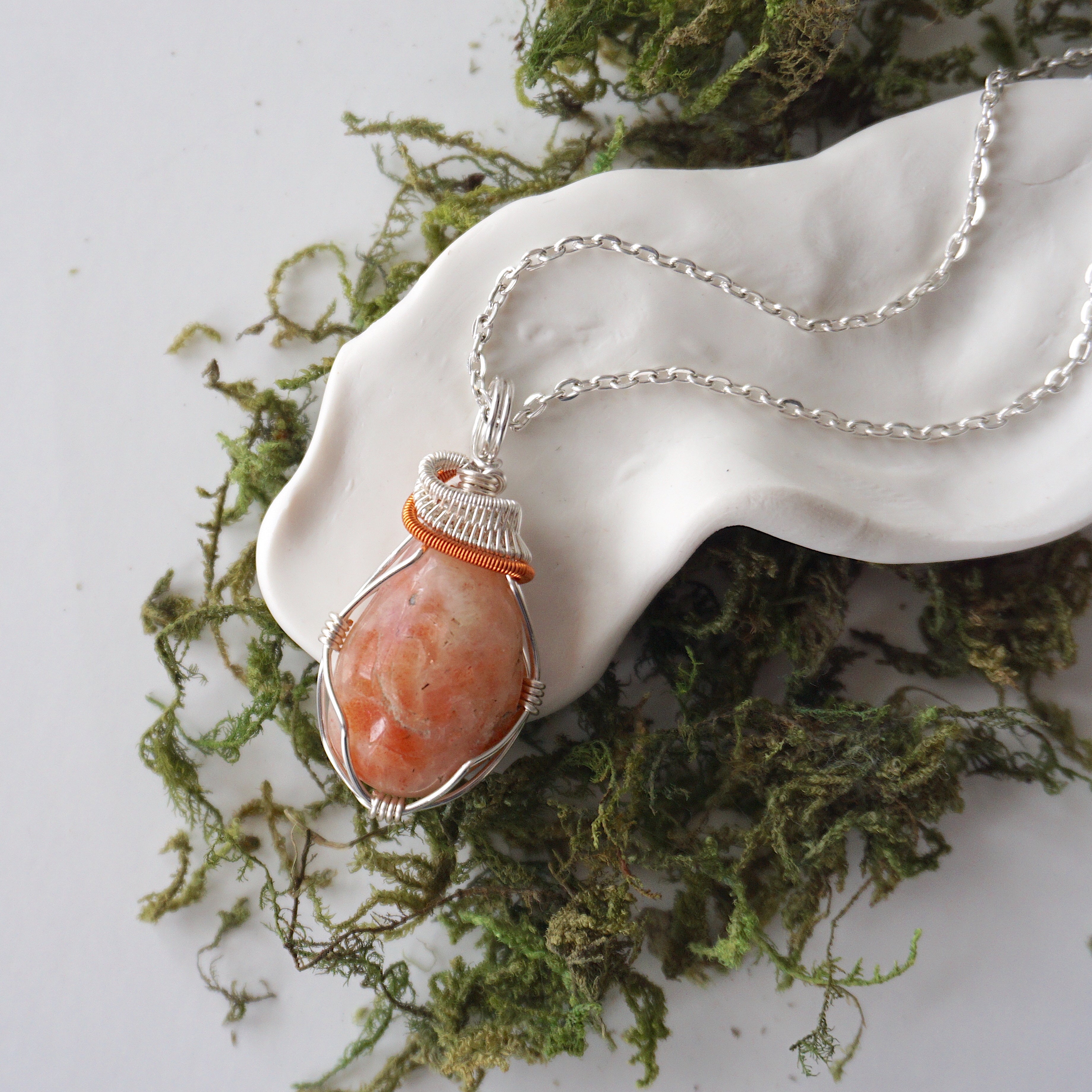 Sunstone Pendant Necklace - Sterling Silver & Copper Mixed Wire Handmade Jewelry for Women - Perfect for Spiritual Healing, Energy Work & Boho Fashion