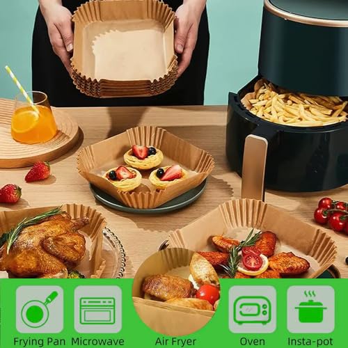 100-Pack 6.5 Inch Square Disposable Air Fryer Liners - Non-Stick Parchment Paper for Ninja, Tefal, Tower & Foodi Air Fryers - Perfect for Baking, Roasting & Healthy Cooking