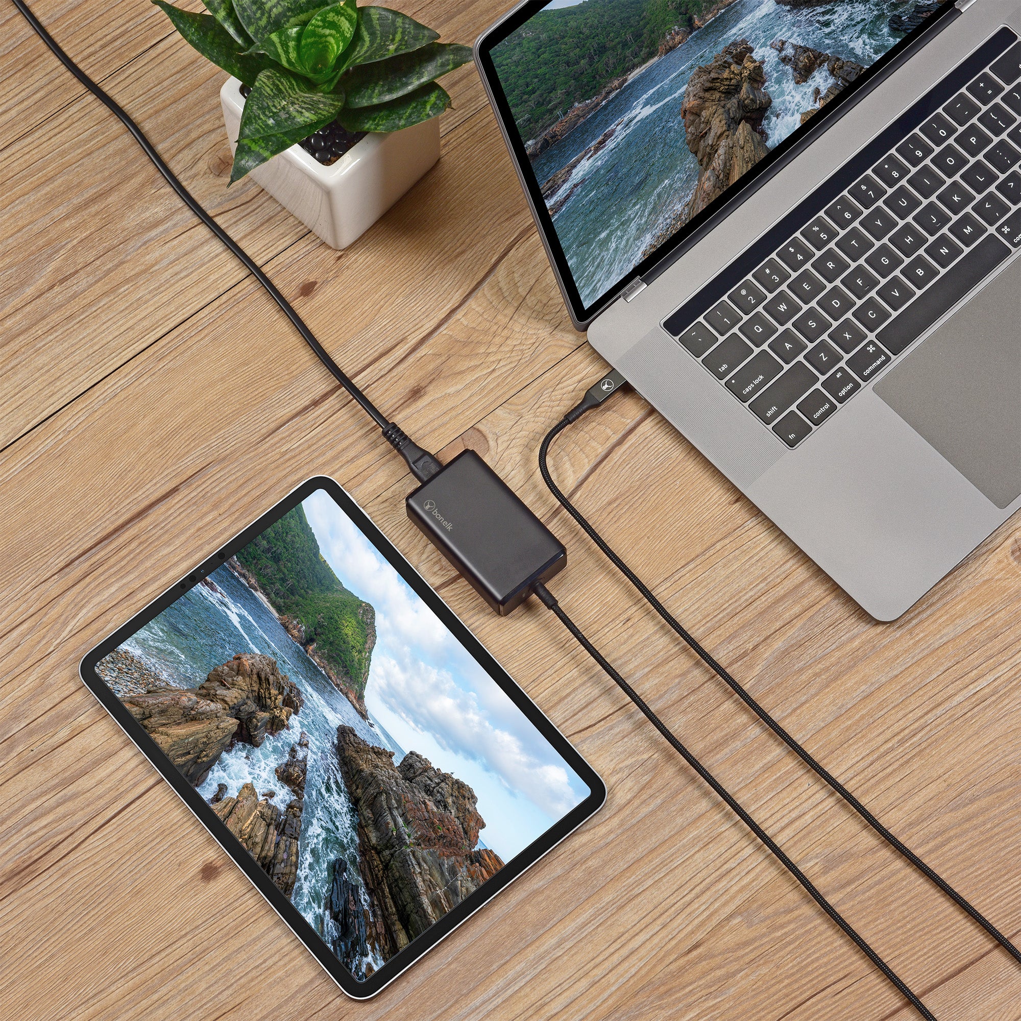 Bonelk 65W PD USB C Fast Charger - 4 Port Desktop Charging Station with GaN Technology for iPhone 15/14/13, Samsung Galaxy, MacBook, iPad - Perfect for Home, Office & Travel (Black)