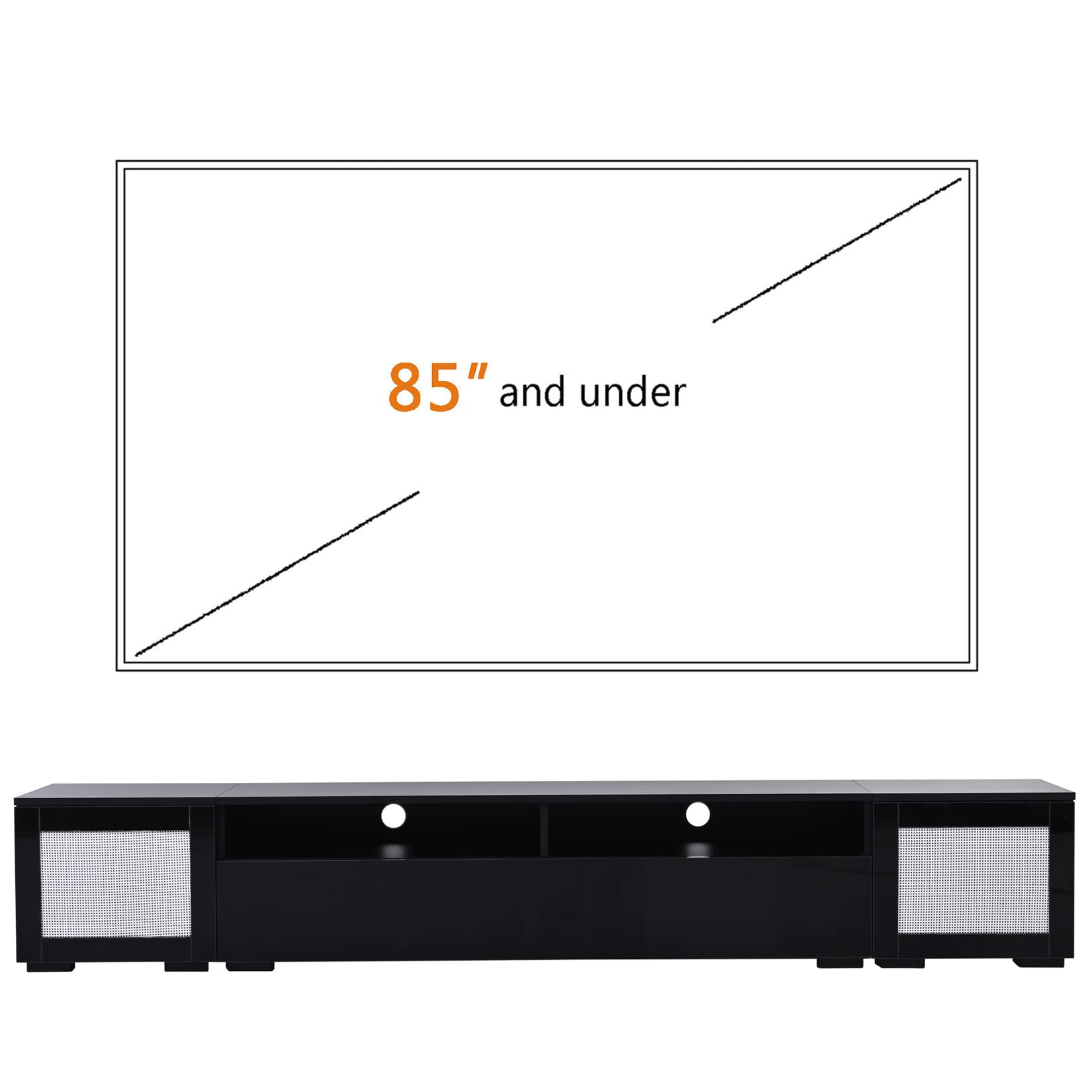 3-Piece Modern Extended TV Stand Console for TVs Up to 85 Inches - Rattan Style Entertainment Center with Color-Changing LED Lights & Push-to-Open Doors - Black - Perfect for Home Theater, Living Room & Media Room Setup