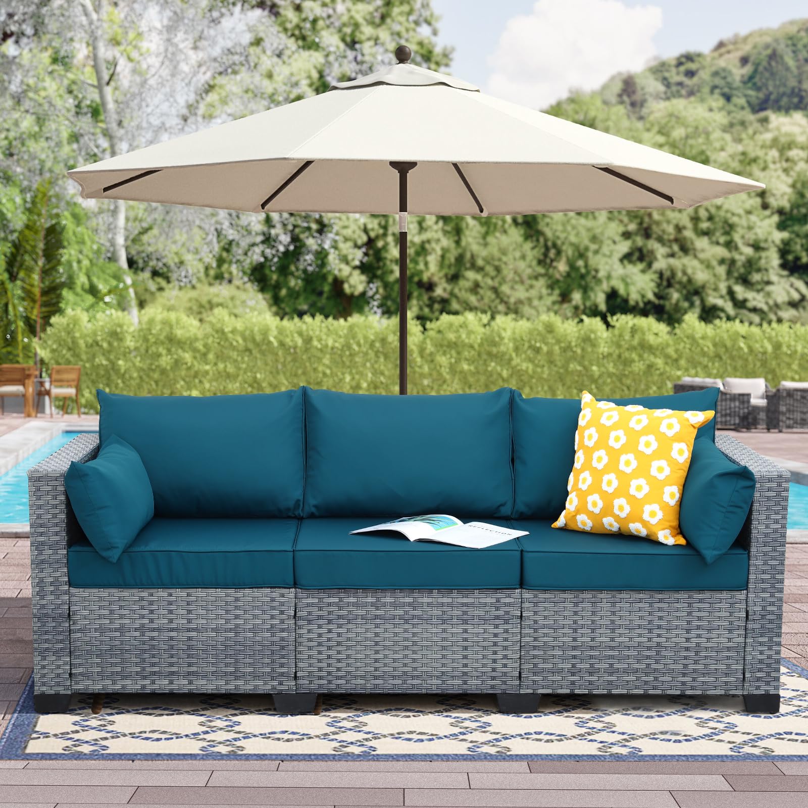 All-Weather PE Rattan Wicker Patio Couch - 3-Seat Outdoor Sofa Set with Deep Seating & Peacock Blue Cushions - Perfect for Deck, Garden, Poolside or Backyard Relaxation