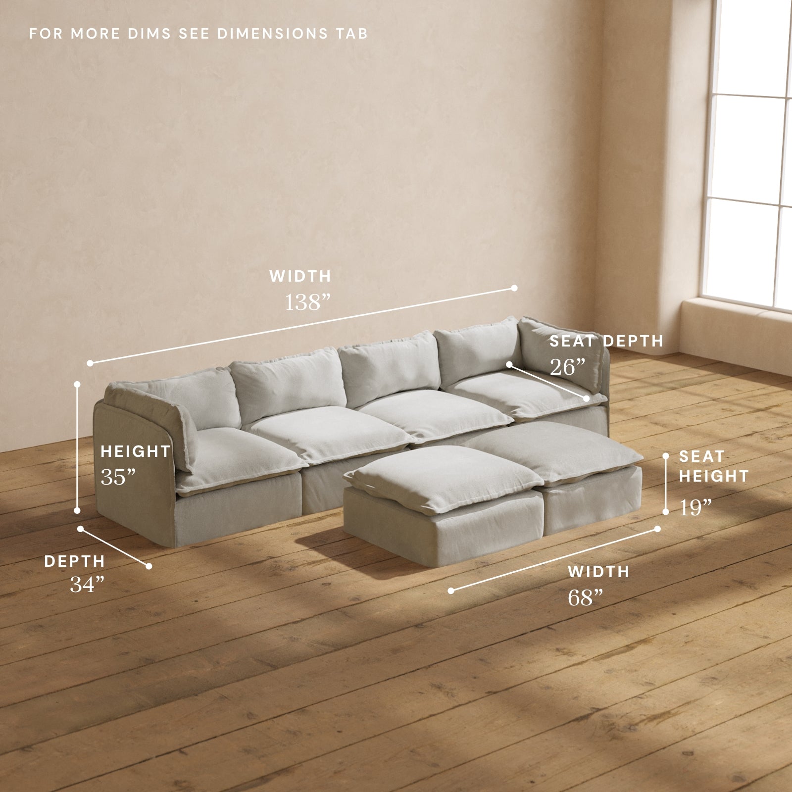 Premium Modular Performance 4-Seater Sofa with Cloud-Colored Bench Ottoman - Luxury Blend Fabric for Living Room, Lounge & Entertainment Spaces