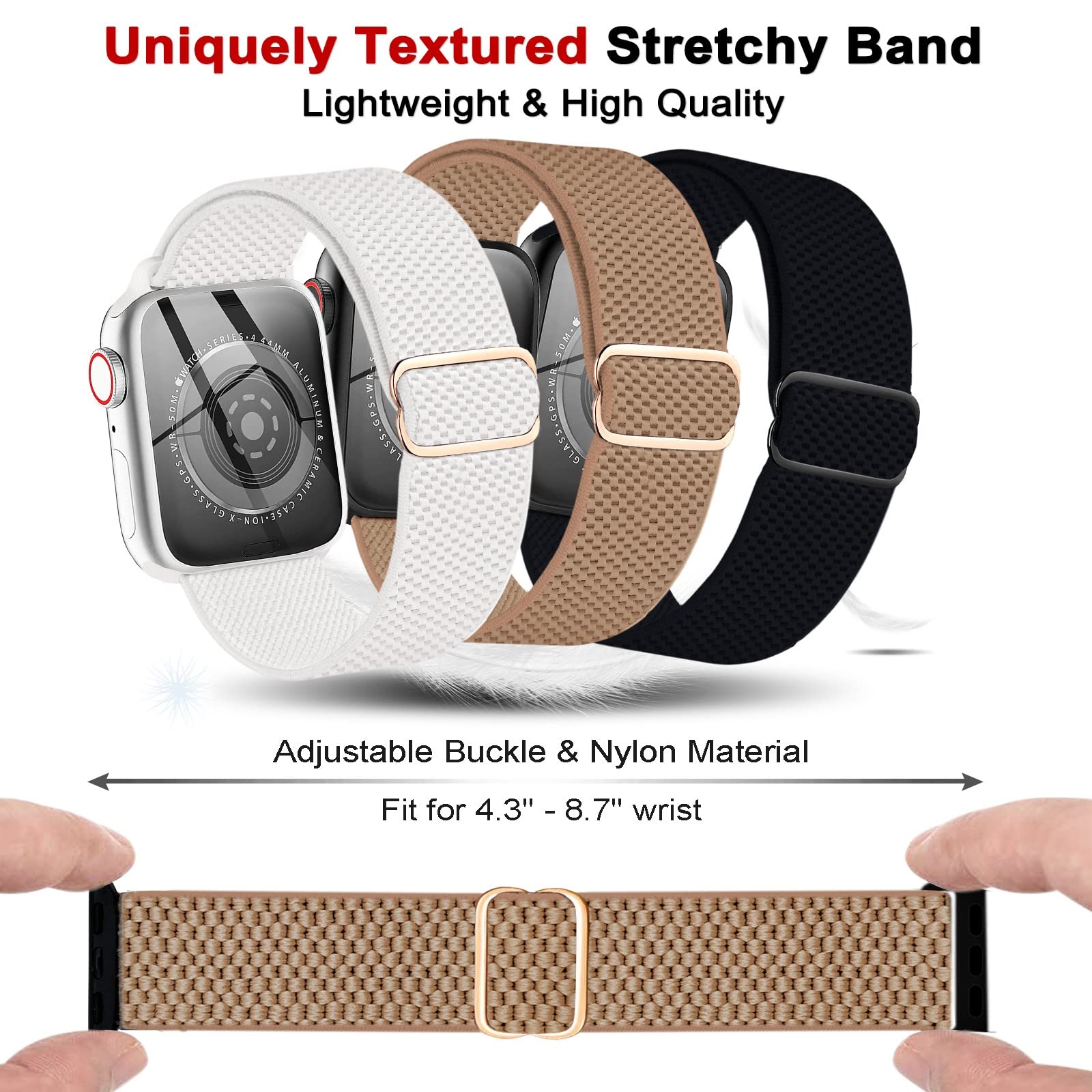 3 Pack Stretchy Nylon Apple Watch Bands - Compatible with 38mm 40mm 41mm iWatch Series 7/6/5/4/3/2/1/SE - Adjustable Sport Solo Loop Elastic Strap for Women & Men (Black/White/Brown) - Perfect for Workouts, Running & Everyday Wear